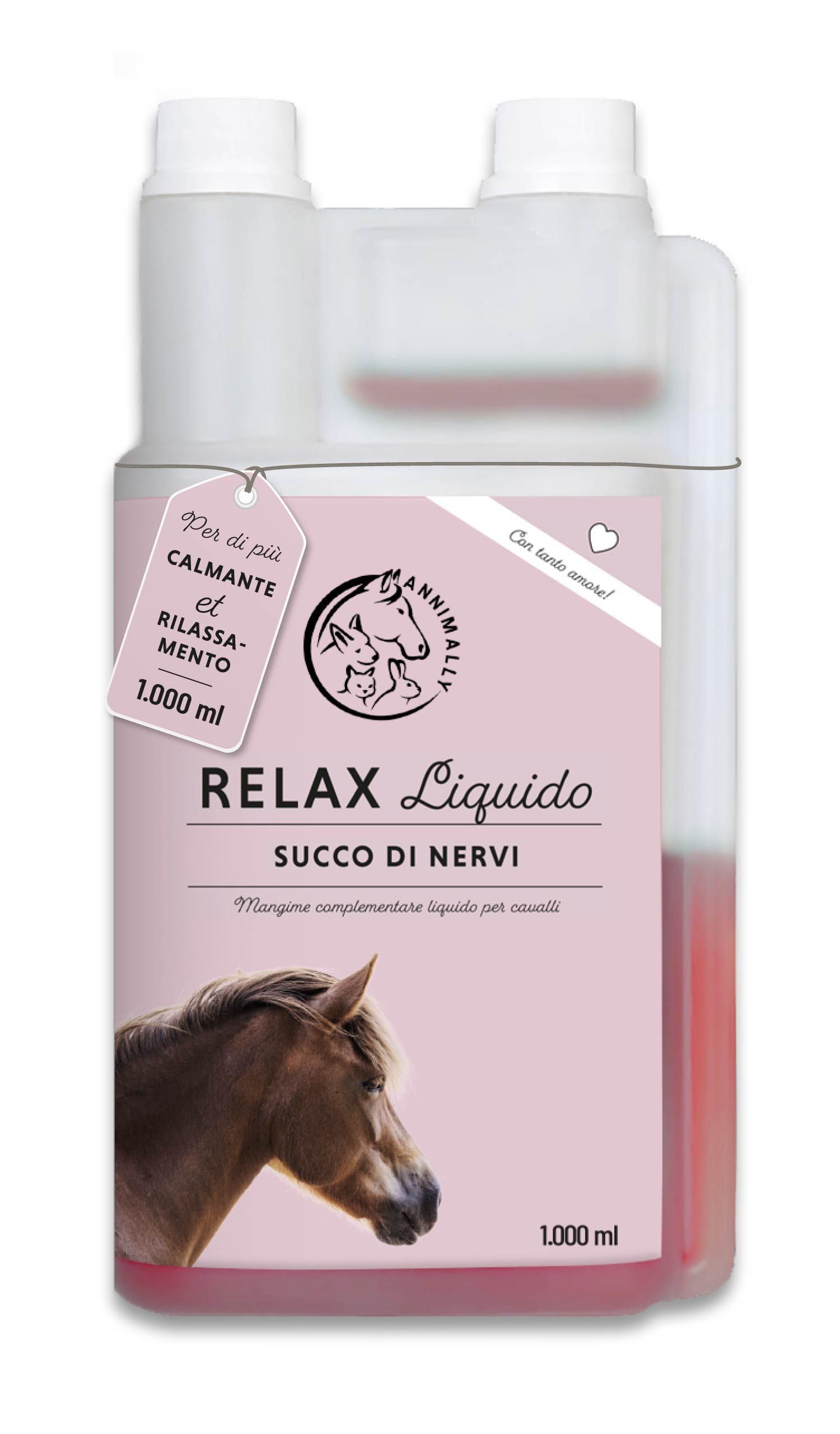 Relax Liquid per cavalli 1000ml, succo calmante per cavalli con valeriana, luppolo, triptofan, B12, magnesio e calcio liquido - Contro l'ansia, lo stress e per il trasporto