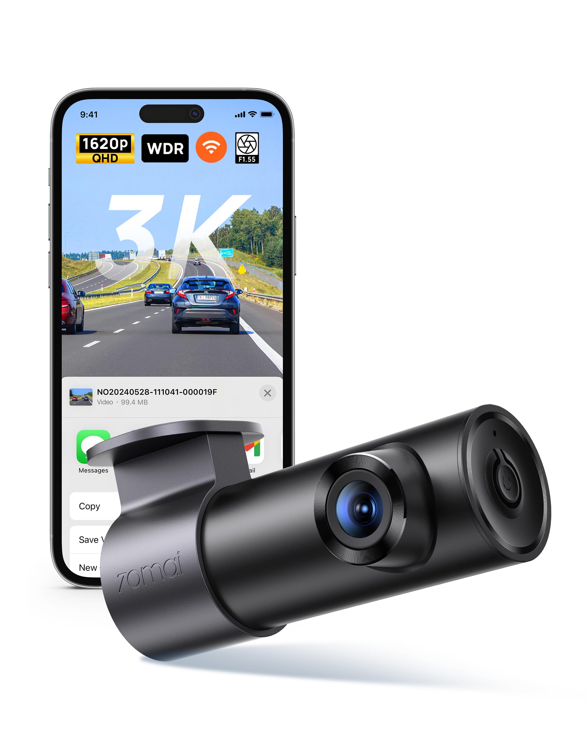 70mai 3K Wifi Dash Cam M310 3K Plus, Smart Voice command 1620P QHD Dash Camera for Cars, WDR, Superior Night Vision, 24H Parking monitor with APP control, Time-Lapse recording, Collision detection
