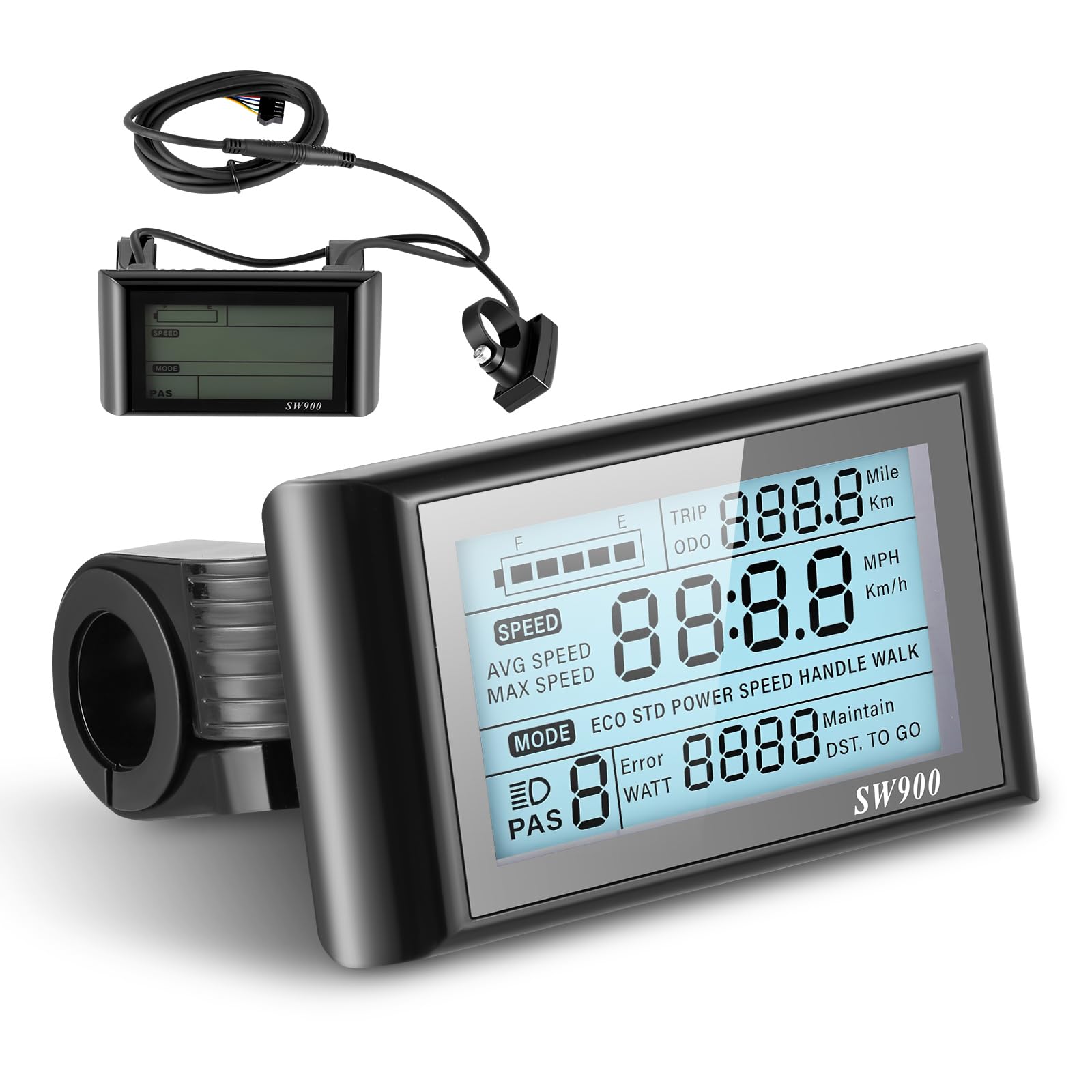 SW900 EBike Display, Electric Bike LCD Display Meter 24V 36V 48V E Bike Screen Control Panel Bicycle Speedometer with 5 Pin, Waterproof Plug, Fits Various Communication Protocols