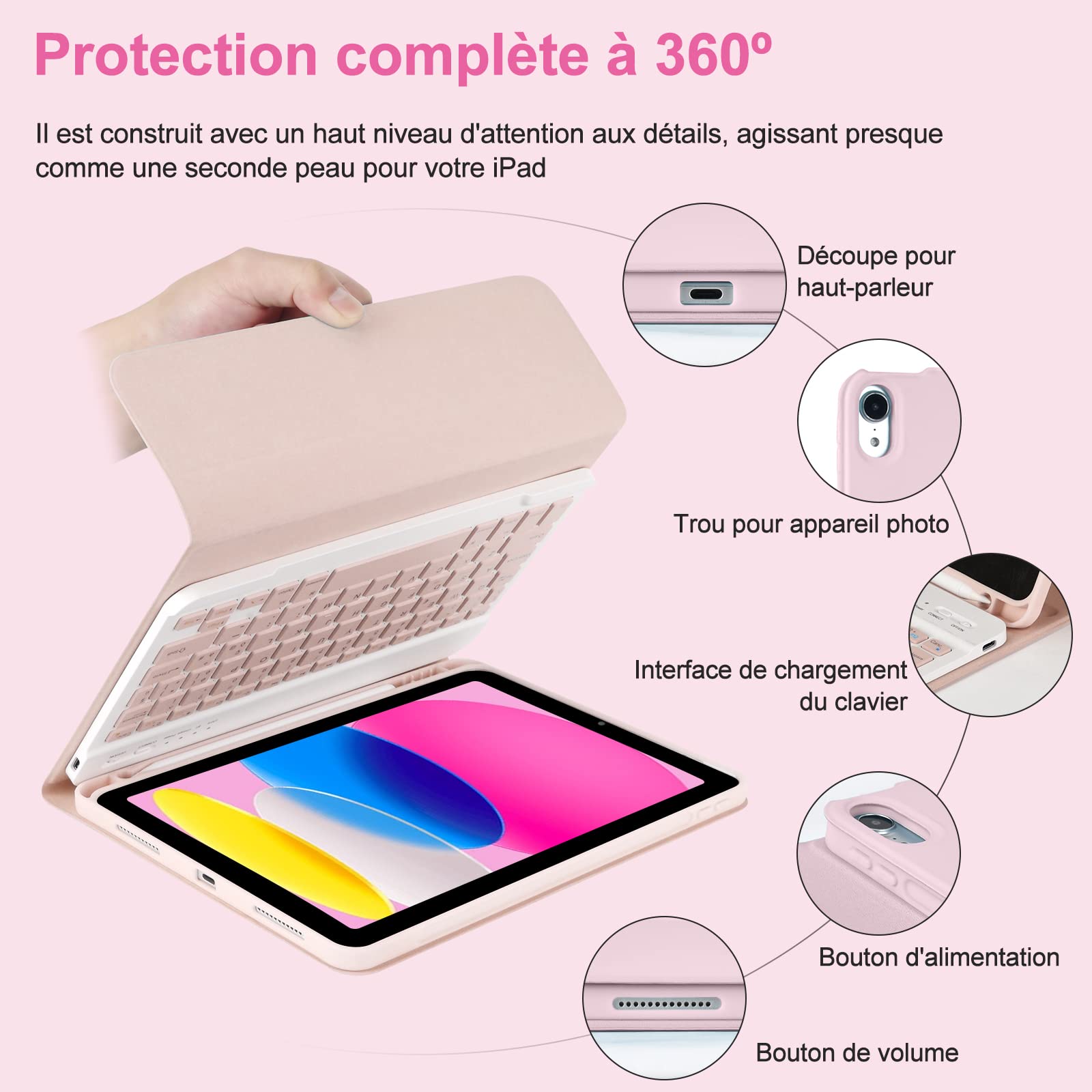CC Store Coque Clavier pour iPad 10/11 Ème Generation (10.9 Pouces 2022/11 Pouces A16 2025), Étui Français Magnétique Keyboard avec Porte Crayon, AZERTY Layout pour iPad 10/11eme, Rose