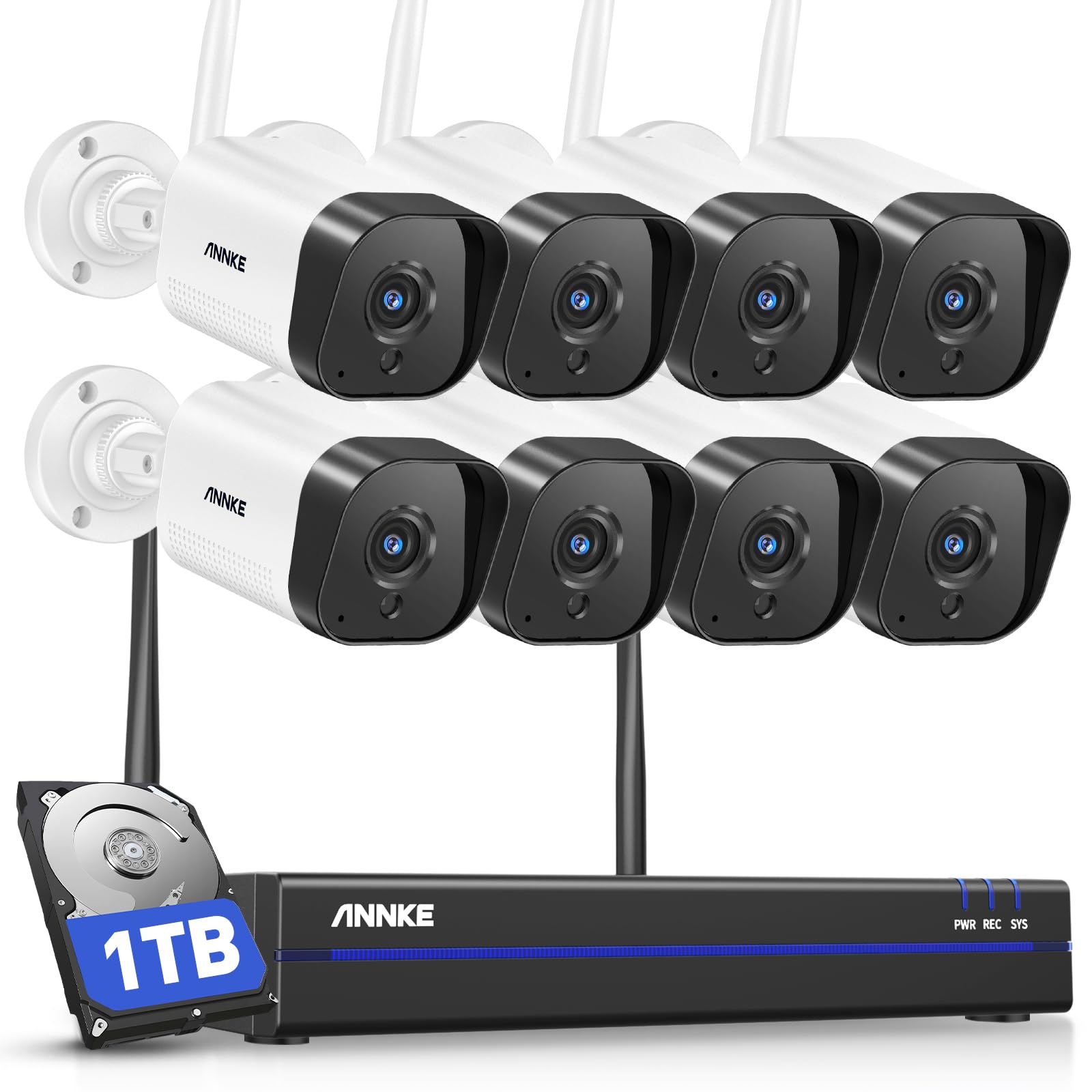 ANNKE Zestaw 3 MP WLAN kamera do monitoringu, na zewnątrz, 8 x 3 MP, Wi-Fi, 10 CH 5 MP, NVR z 1 TB HDD, rozpoznawanie osób, 2-drożne audio, odporna na warunki atmosferyczne IP66, kompatybilna z Alexa