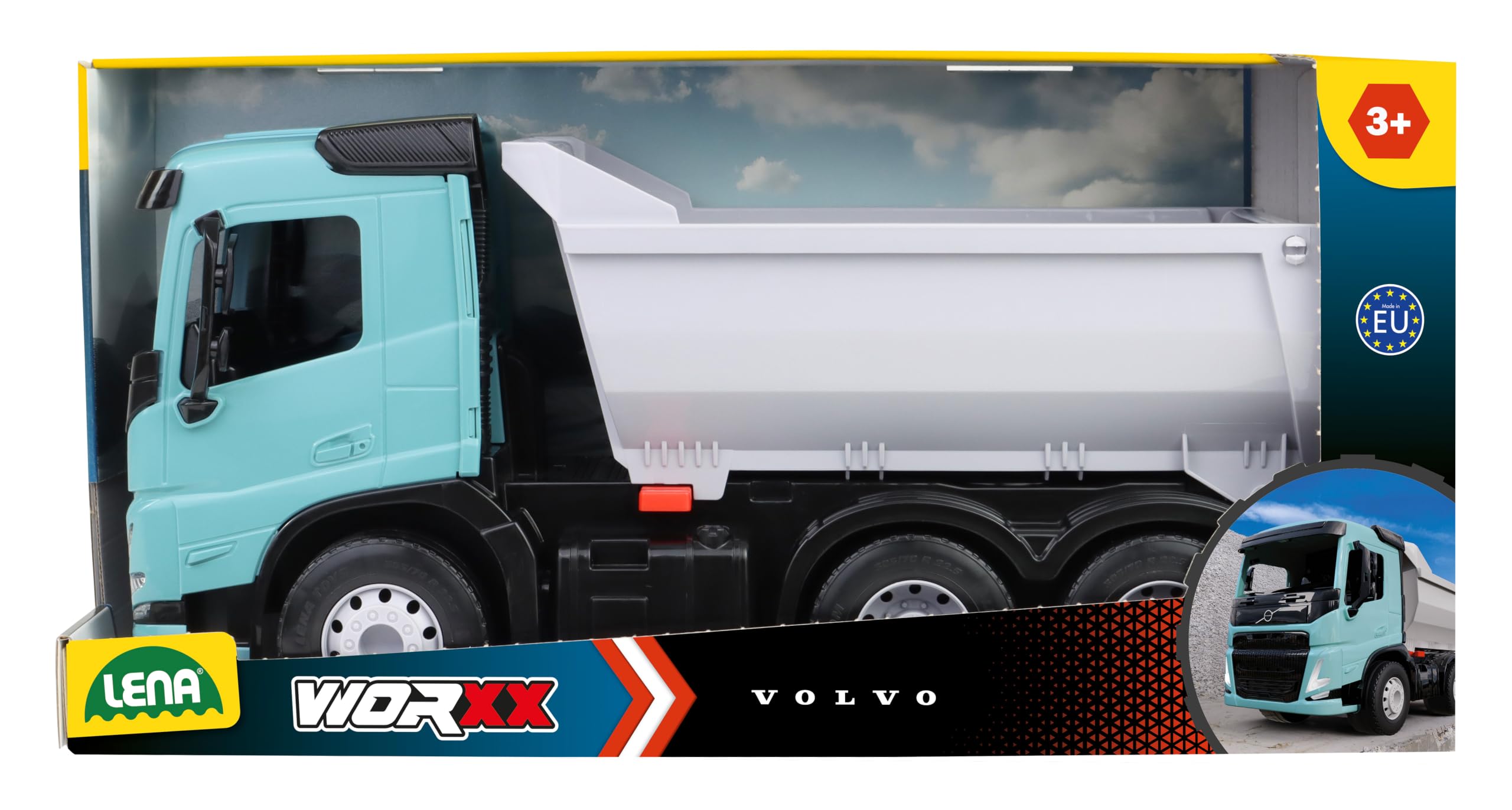LENA - WORXX Camion ribaltabile Volvo FMX – Camion giocattolo da 45 cm con cassone ribaltabile bloccabile, 3 assi in acciaio, certificato TÜV, dai 3 anni, per interno ed esterno, Made in Europe