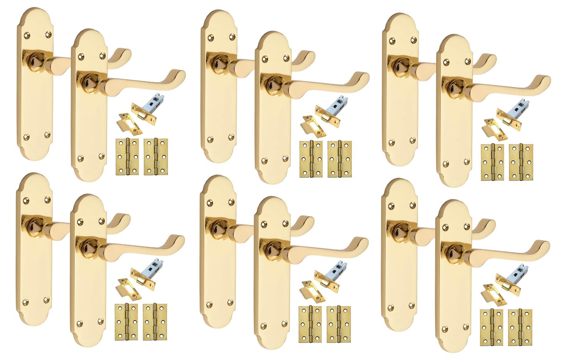 Golden Grace Polished Brass 6 Pairs Victorian Scroll Epsom Design Door Handle 168 X 40Mm With 2.5" Latches & Hinges