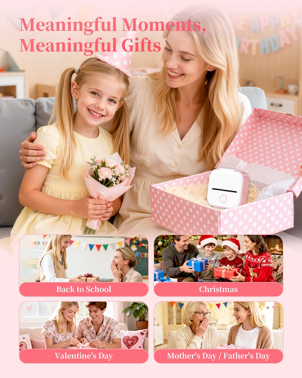 Adesiva Mini Stampante Termica con 6 Rotoli di Carta - T02 Stampante, Rosa | Portatile Bluetooth Sticker Printer per Studio, Note, Immagini, Foto, Diari, fai da te, Compatibile con Telefono e Tablet