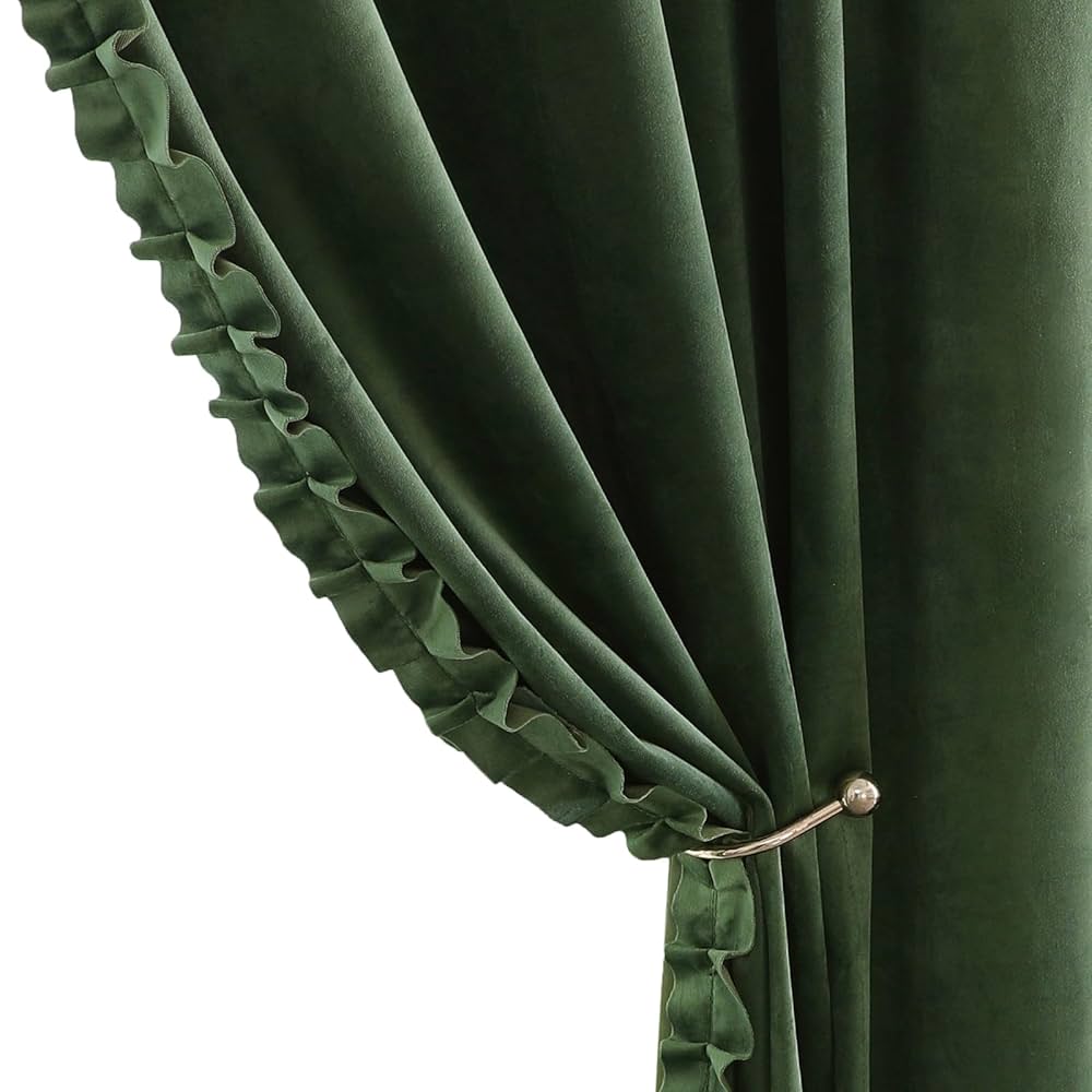 Green Ruffle Velvet Curtains for Bedroom, Shabby Chic Ruffle