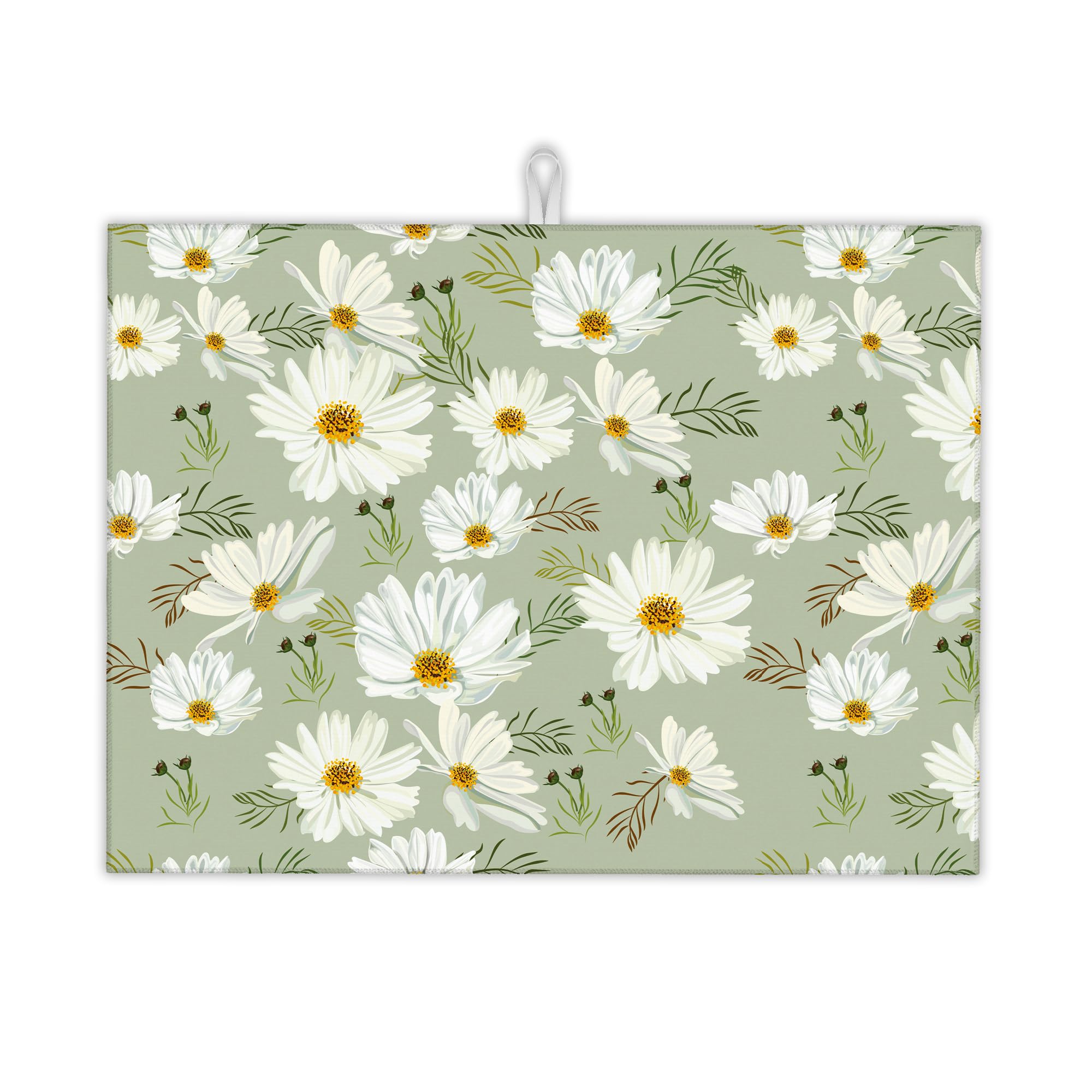 UIUPRO White Daisy Flowers Dish Drying Rack Mat for Kitchen Counter, Dish Drying Pad Absorbent Reversible Microfiber Protector for Coffee Bar Sink