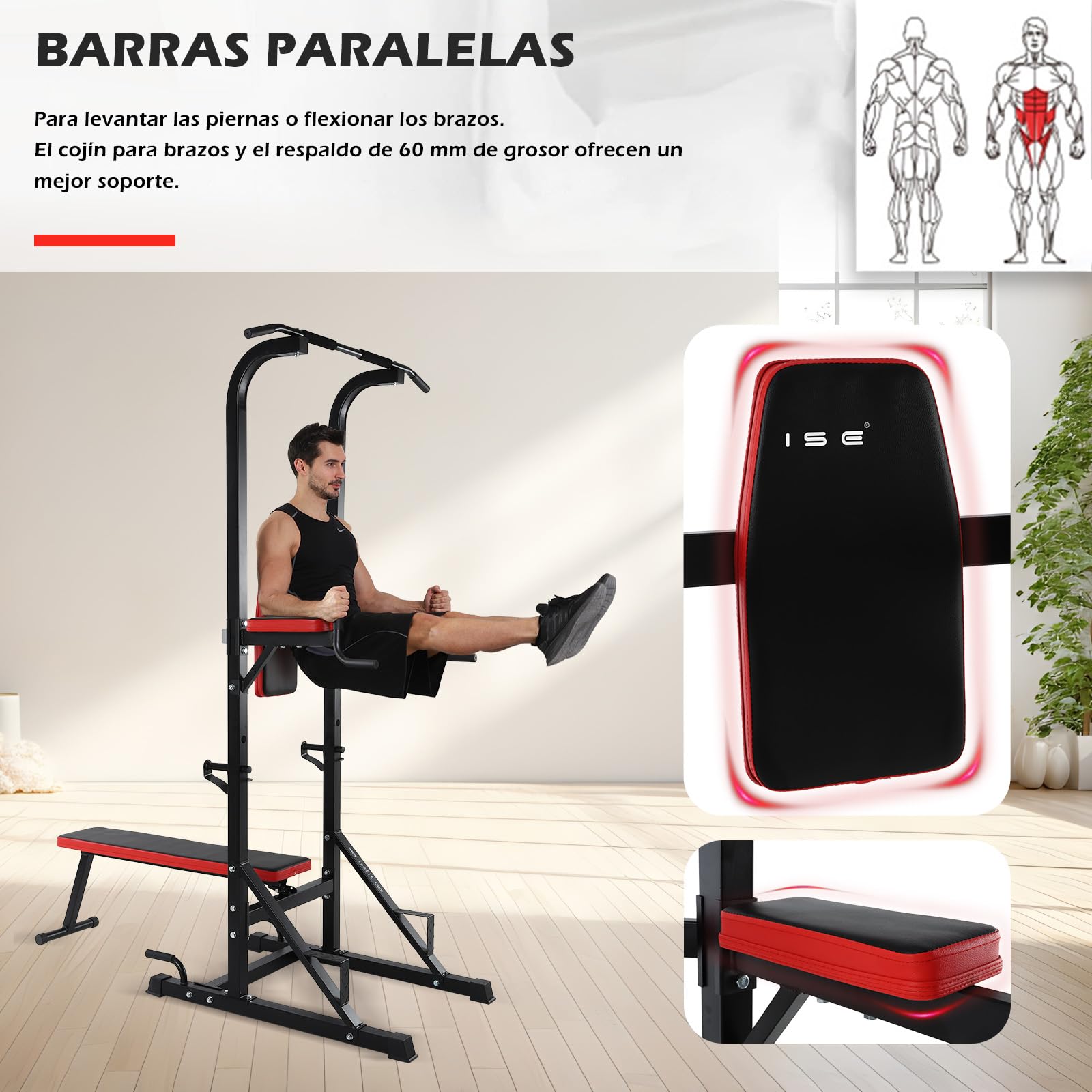 ISE Multiestación de musculación con Torre para levantamiento e inmersión en entrenamiento de fuerza + Banco de musculación plegable con 3 posiciones.Flexiones/dips/dominadas/press de banca