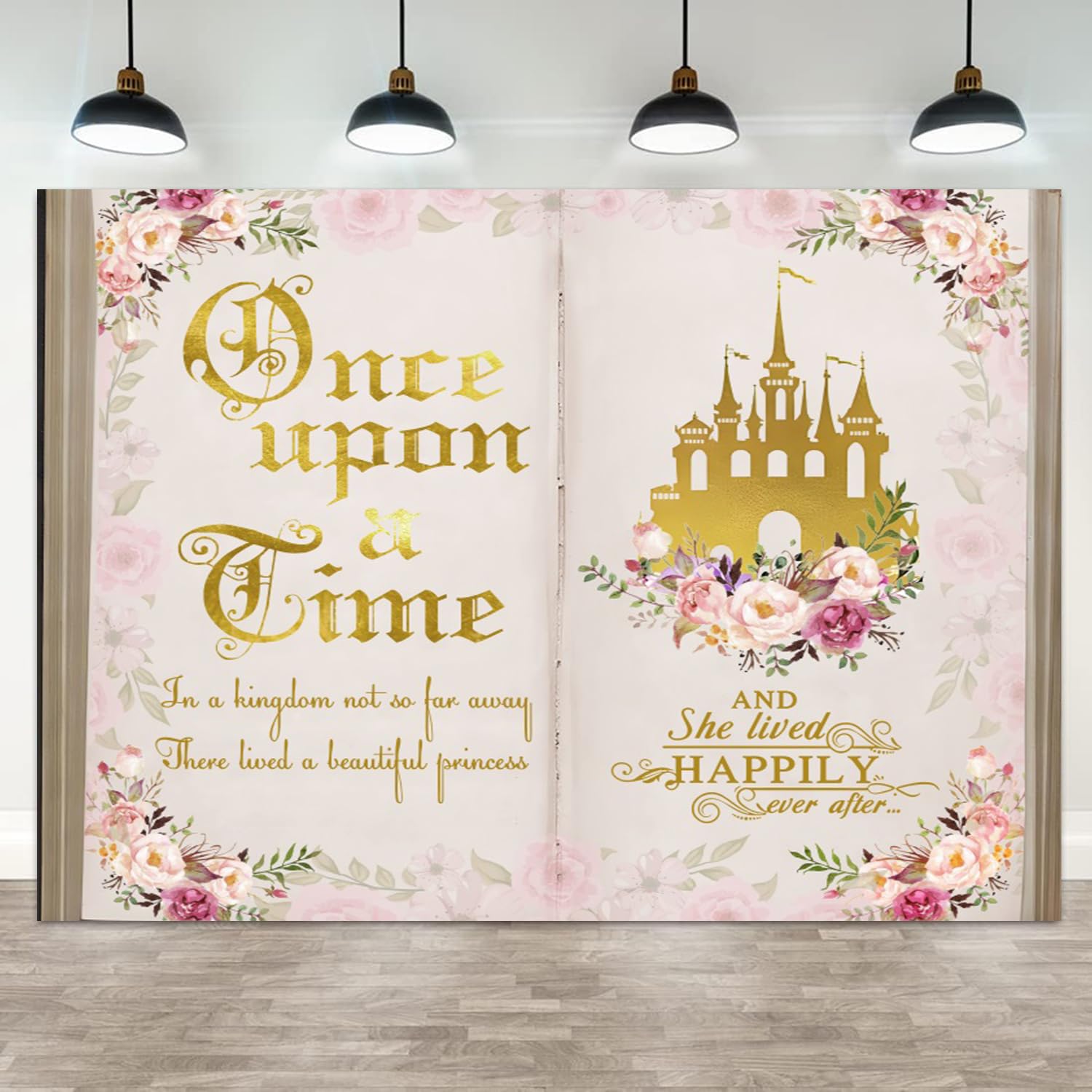 ASDCXZ 10x8ft Once Upon a Time Backdrop Pink Flower Gold Castle Photography Background Fairy Tale Books Floral Princess Girls Birthday Banner Decorations Fairytale Wedding Portrait Photo Booth Prop