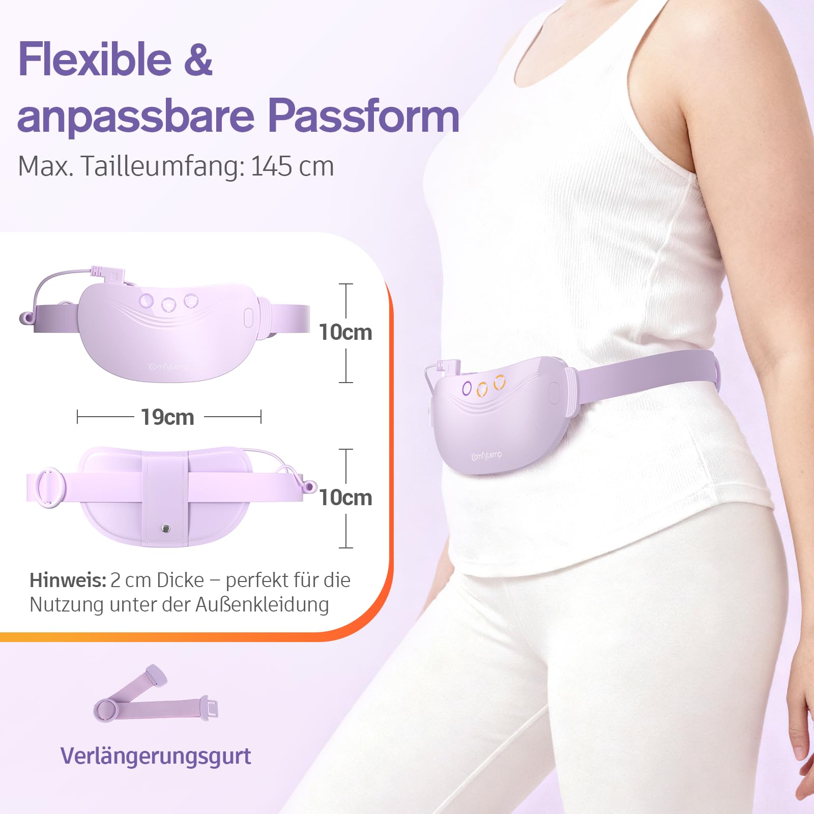 Comfytemp Wärmegürtel Periode Vibrationsmassage für Perioden Bauch und Rücken mit 5000mAh Akku, Kabellos Heizgürtel Menstruations Bauchwärmer Rückenwärmer mit Abschaltautomatik, USB-C Geschenke