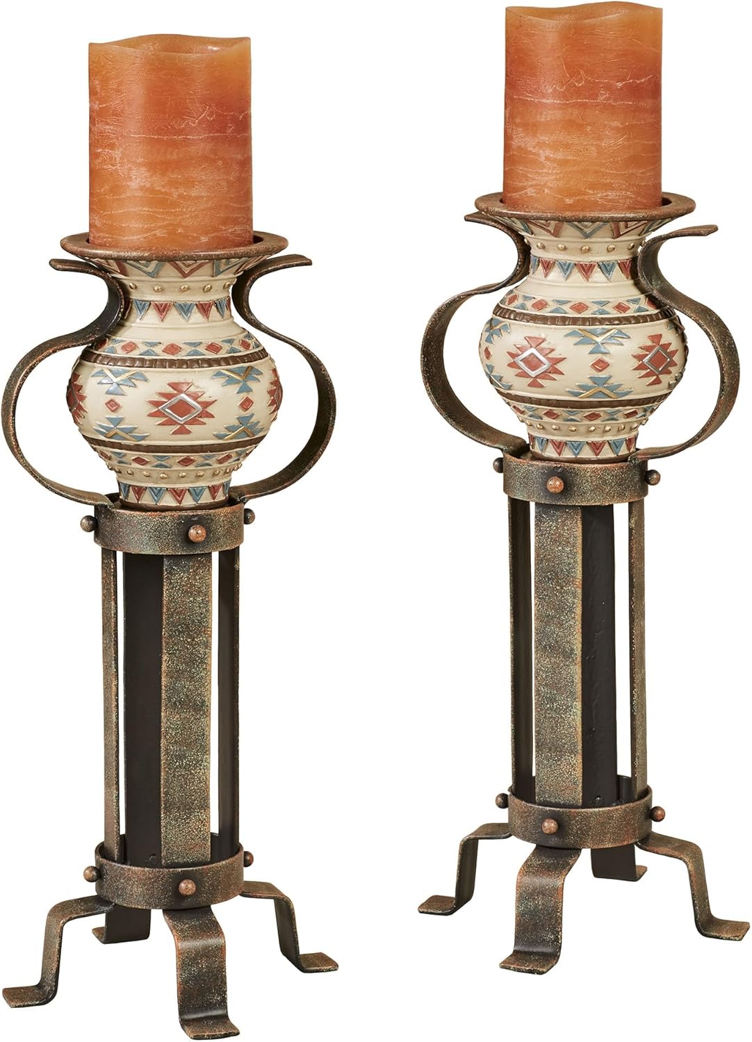 Onawa Southwest-Inspired Candleholder Pair | Handpainted Russet Red, Blue, and Ivory Southwestern Geometric Diamonds | Mottled Brown Metal Pedestal Stands and Decorative Urn Holders for Your Candles