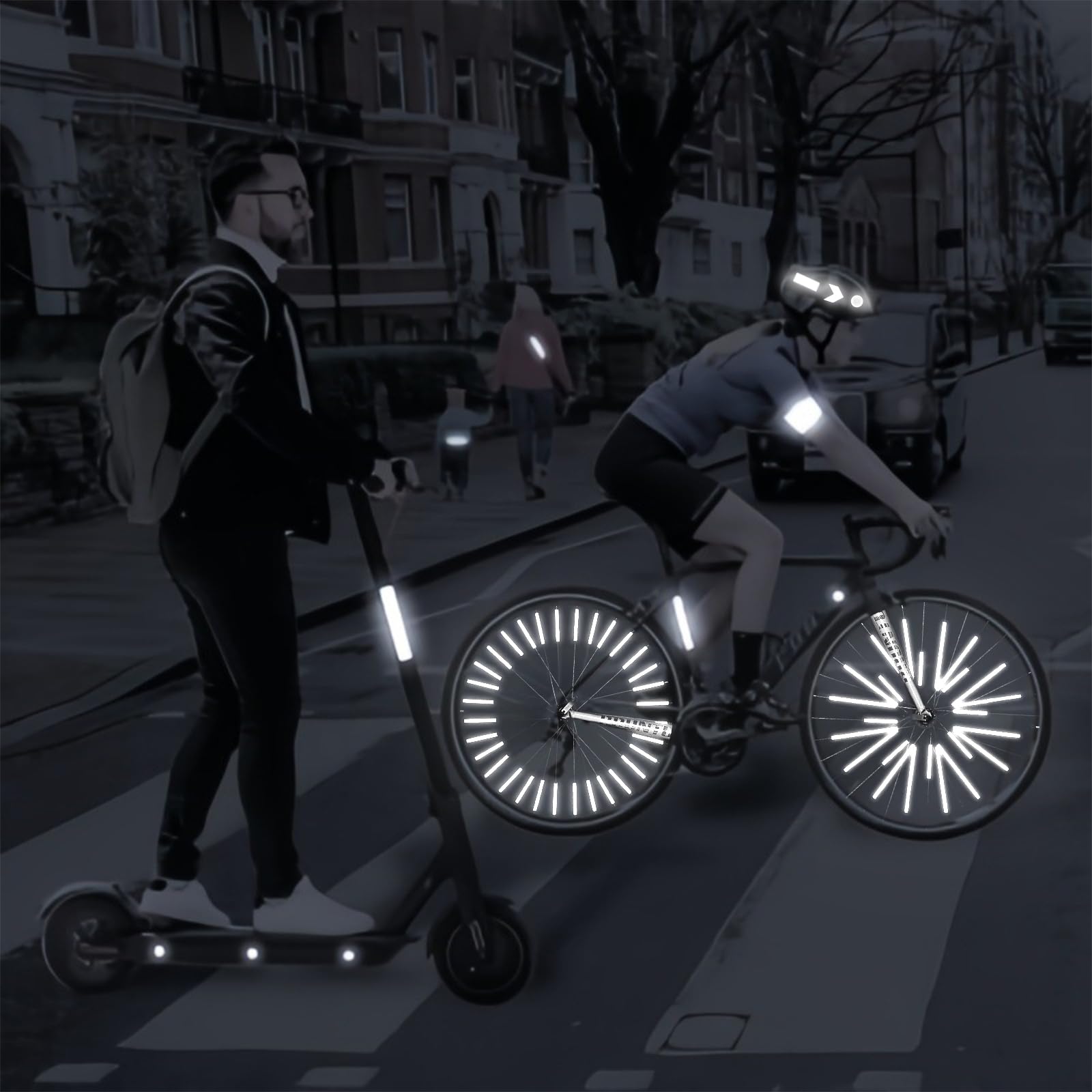 Reflektory rowerowe i odznaki odblaskowe - kolor srebrny - 60 sztuk odblaskowych śledzi przymocowanych do szprych rowerowych i 50 naklejek odblaskowych na kasku i ramie - Miękki materiał