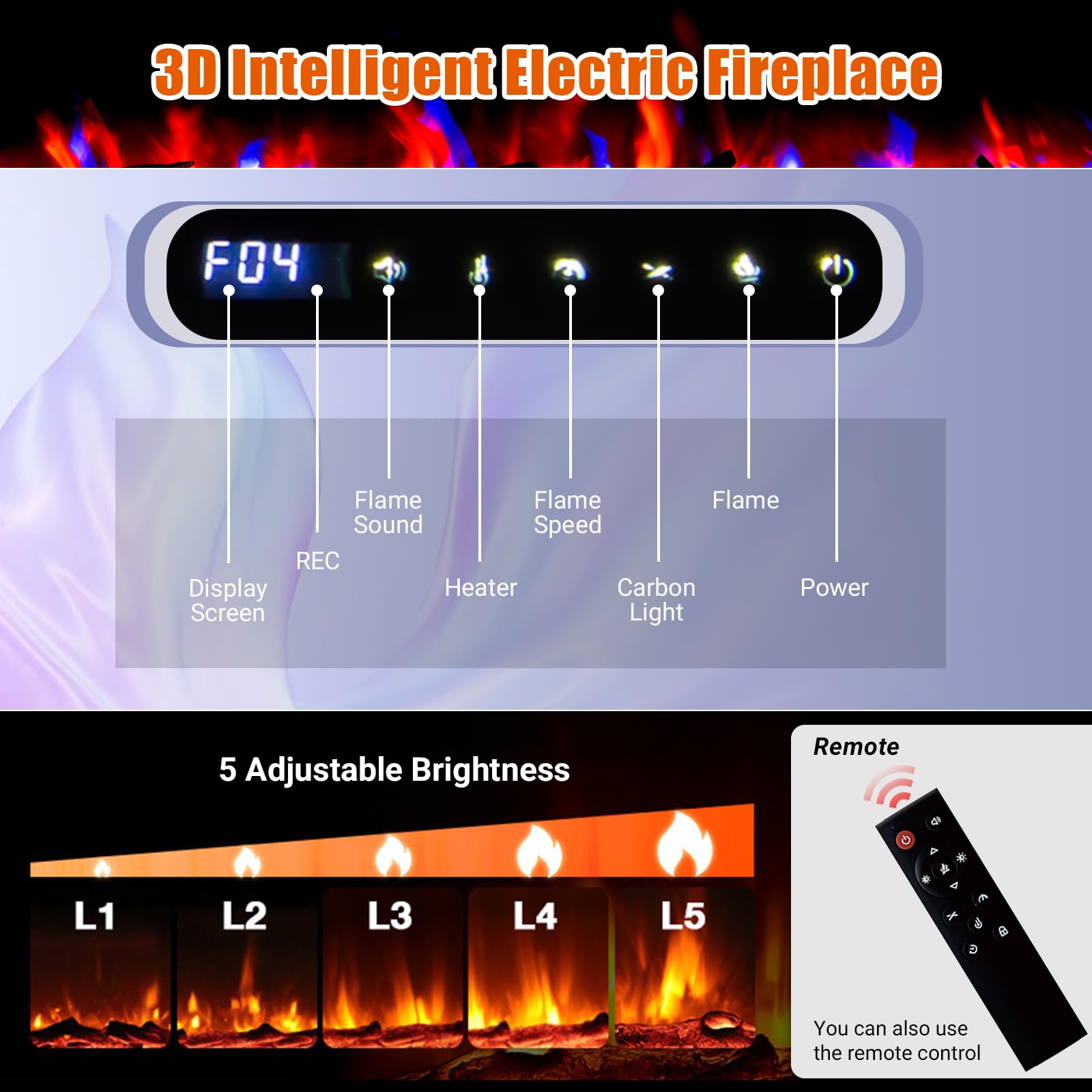 Chimenea eléctrica, chimenea eléctrica empotrada y montada en la pared de 50 pulgadas, control inteligente con WiFi y control remoto, brillo ajustable, colores de cama de carbono, pantalla táctil, 13 4