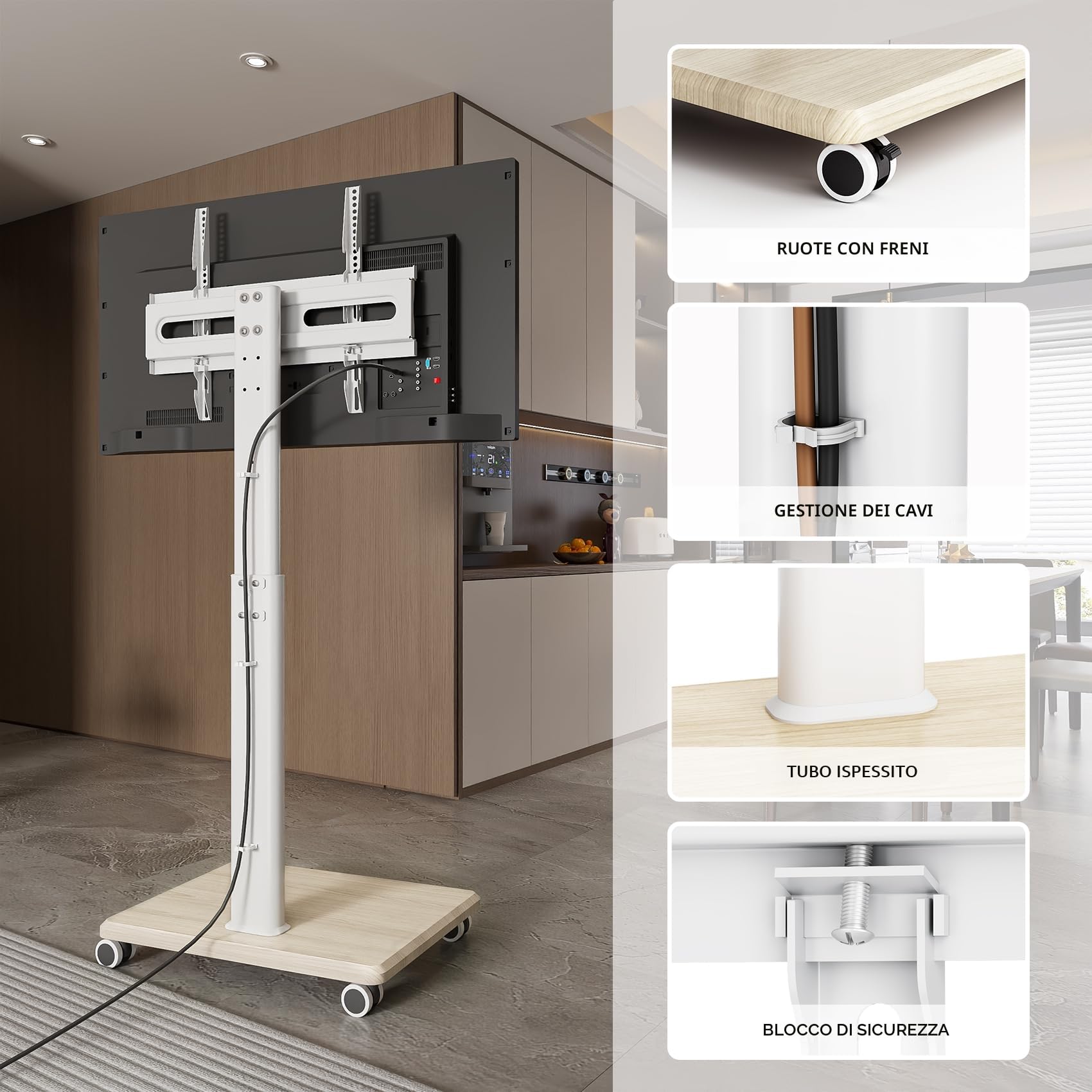 Supporto TV mobile per TV da 27 a 65 pollici, carrello TV portatile con ruote, grande supporto universale con supporto girevole, altezza regolabile per angolo camera da letto, esterno.