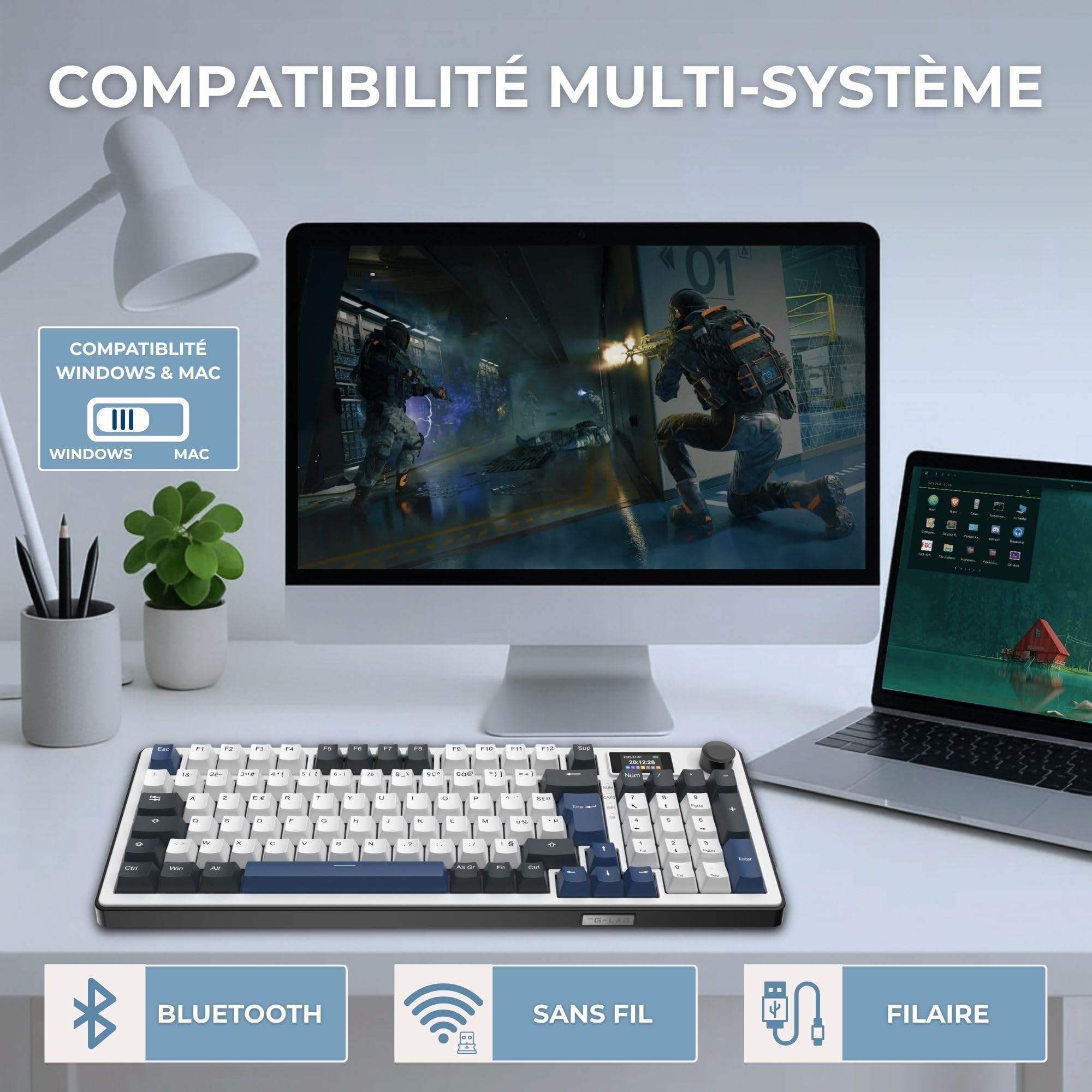 The G-Lab Keyz Elite 450 WB - Clavier Gamer sans Fil Ecran LCD RGB | AZERTY FR, Sans Fil Tri Mode 2.4GHz/Bluetooth/Filaire, Ecran LCD, Switch Mécanique Hot Swap Pré-lubrifiés, Gasket 5 Couches
