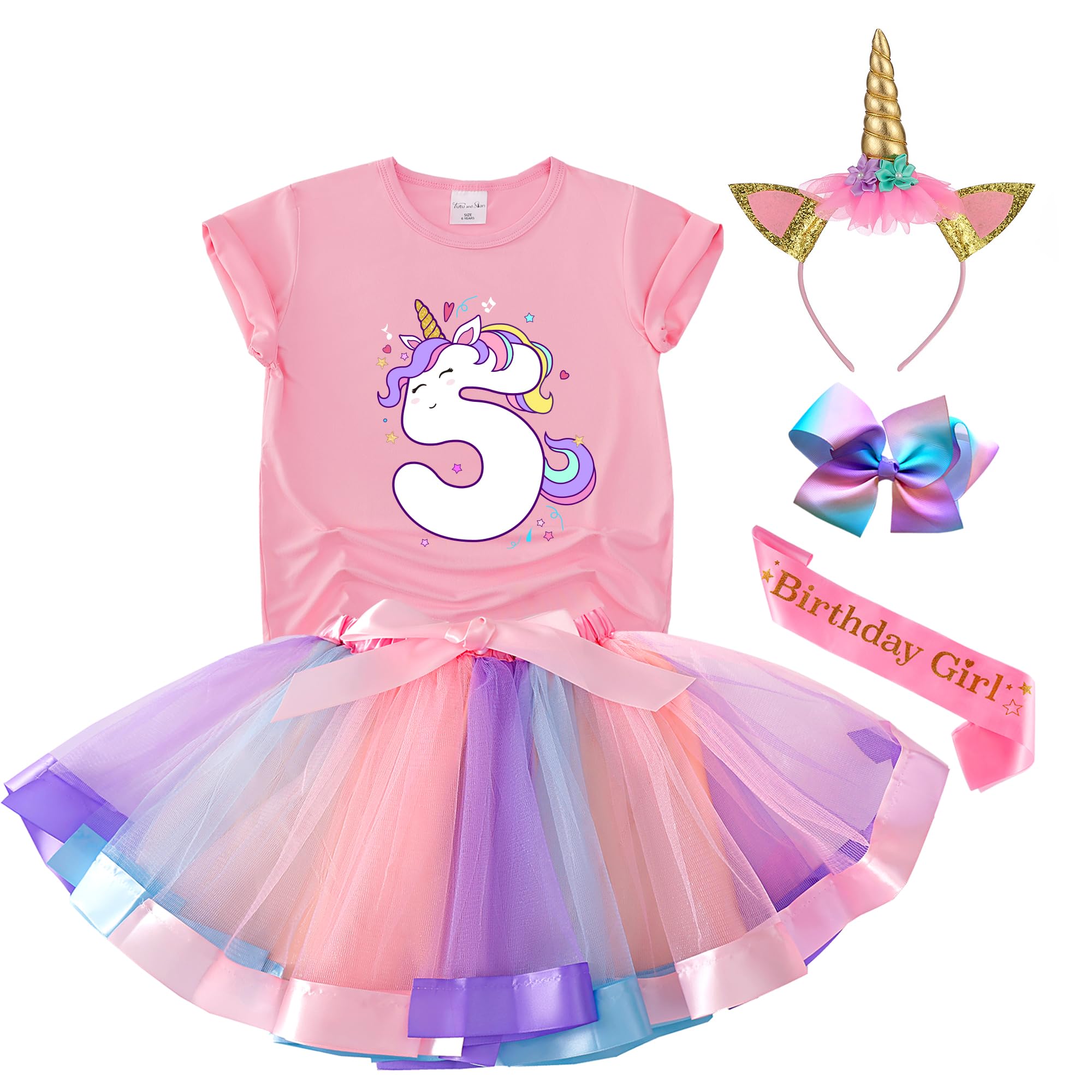 Photo 1 of Tutu and Sian Unicorn Birthday Outfit for Girls - Unicorn Shirt, Tutu Skirt Dress, Birthday Girl Crown, Hair Bow & Satin Sash