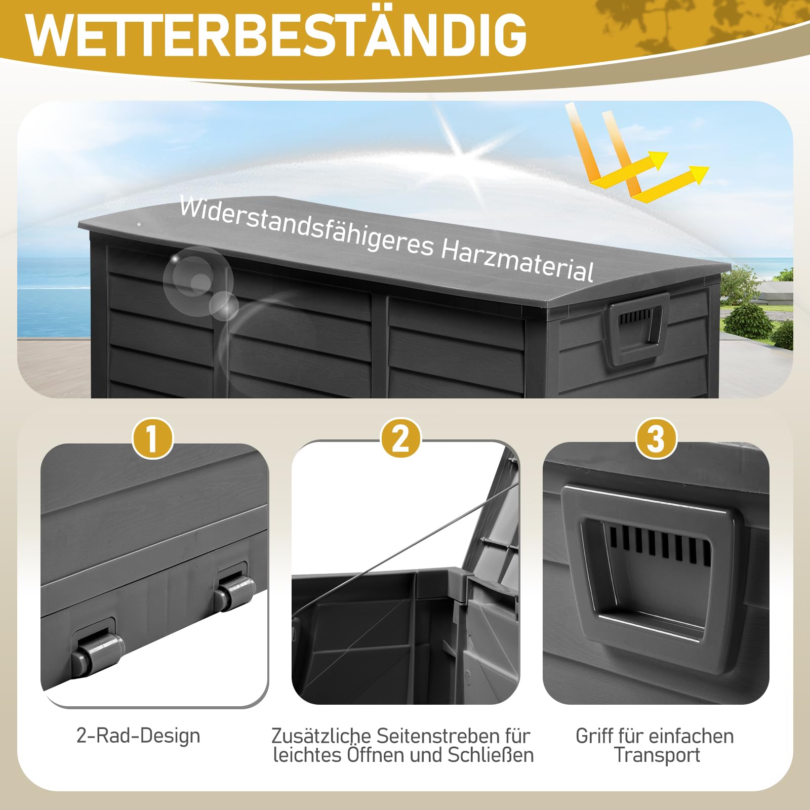 Faltbarer Gartenbox, 284L Fassungsvermögen mit Griffen und Rädern - Wasserfest und UV-beständig, Auflagenbox geeignet für Terrassen, Balkone, Wohnzimmer und Wintergärten (284L Schwarz)