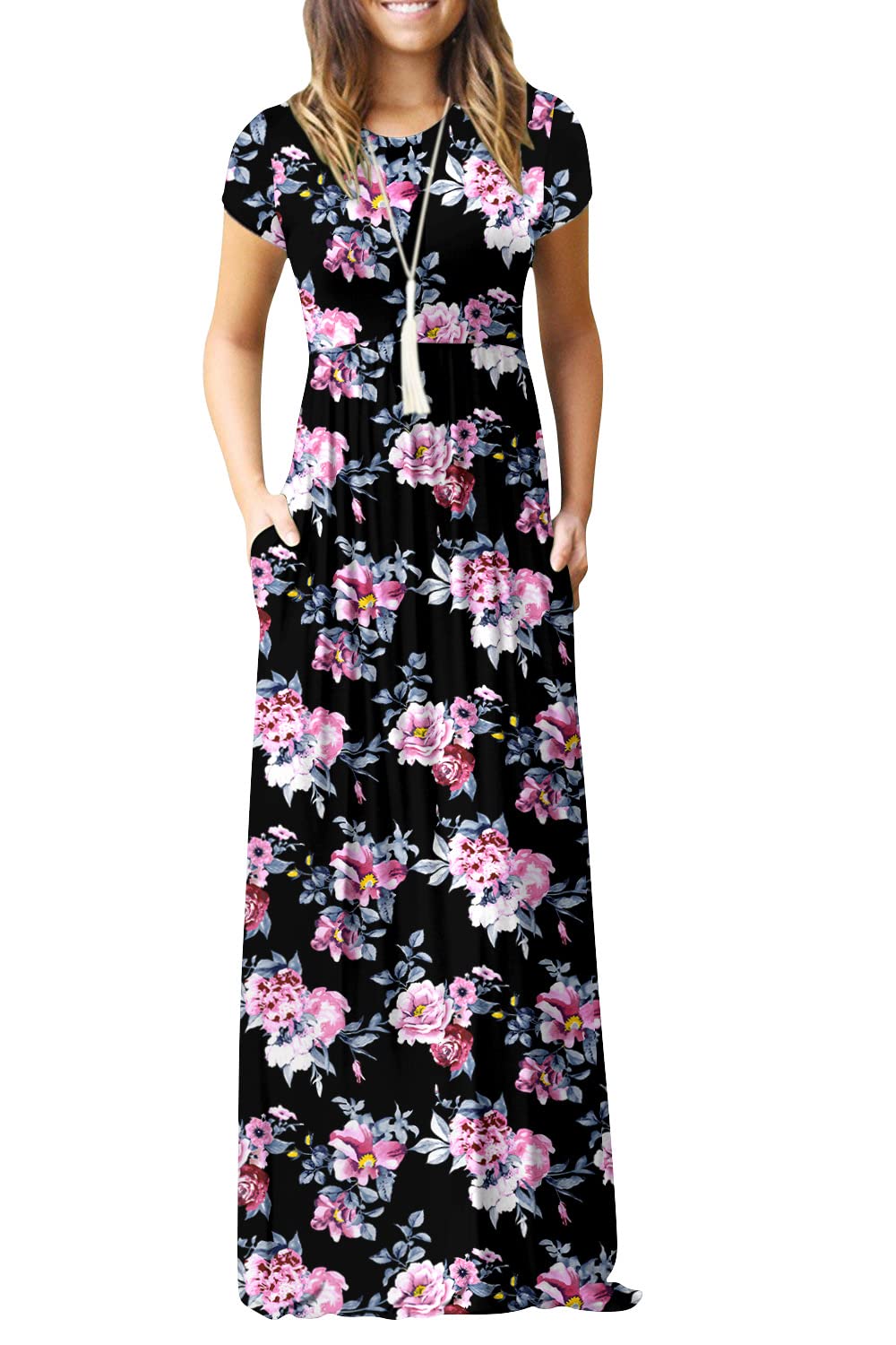 EUOVMY Women's Short Sleeve Loose Plain Maxi Dresses Casual Vacation Long Dresses with Pockets