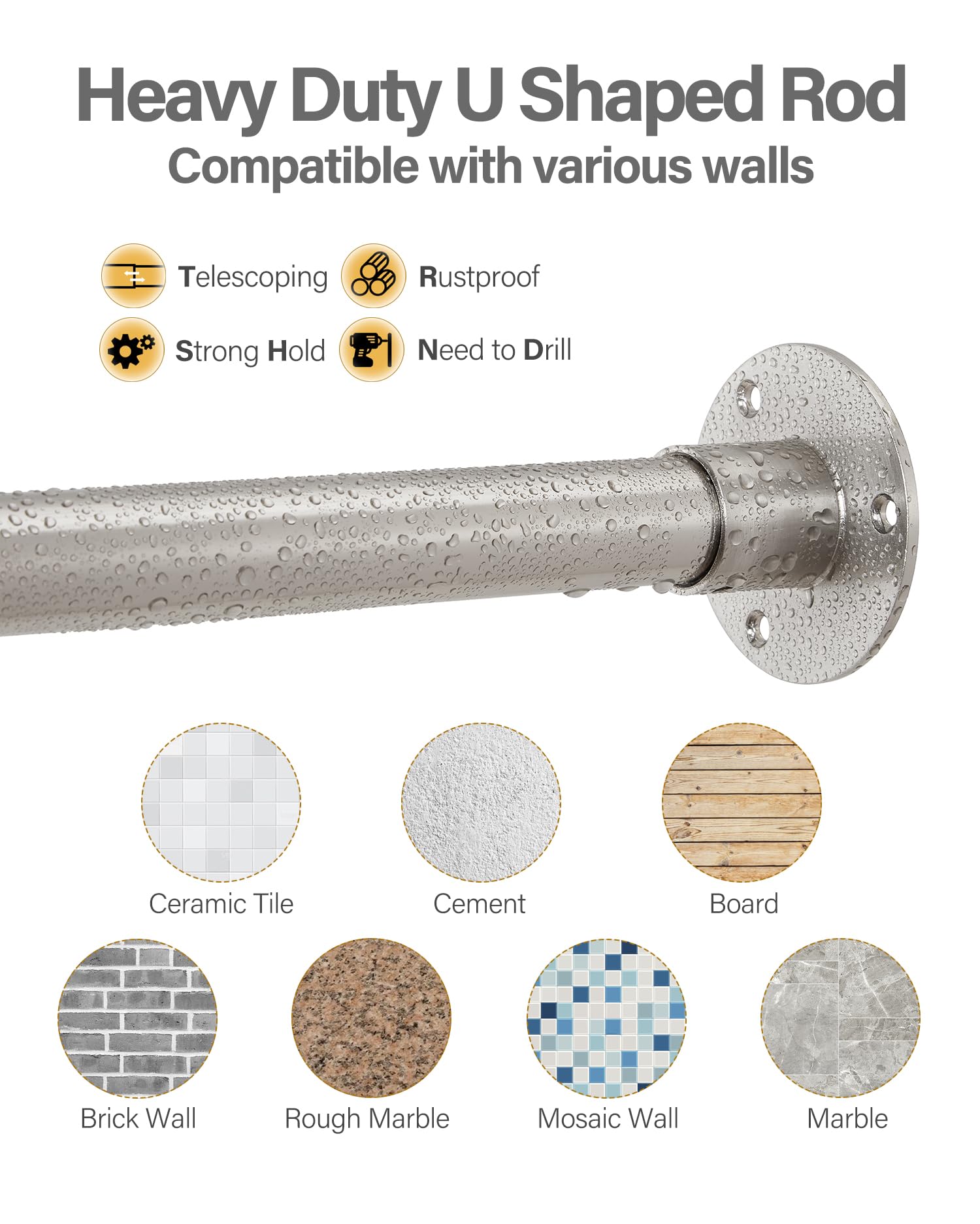 Bastone Tenda Doccia a Forma di U, [Entrambi i lati: 60 cm - 132 cm, Medio: 76,2 cm - 116,8 cm] Barra Doccia Angolare Regolabile per il Bagno con 12 Ganci e Supporto per Soffitto