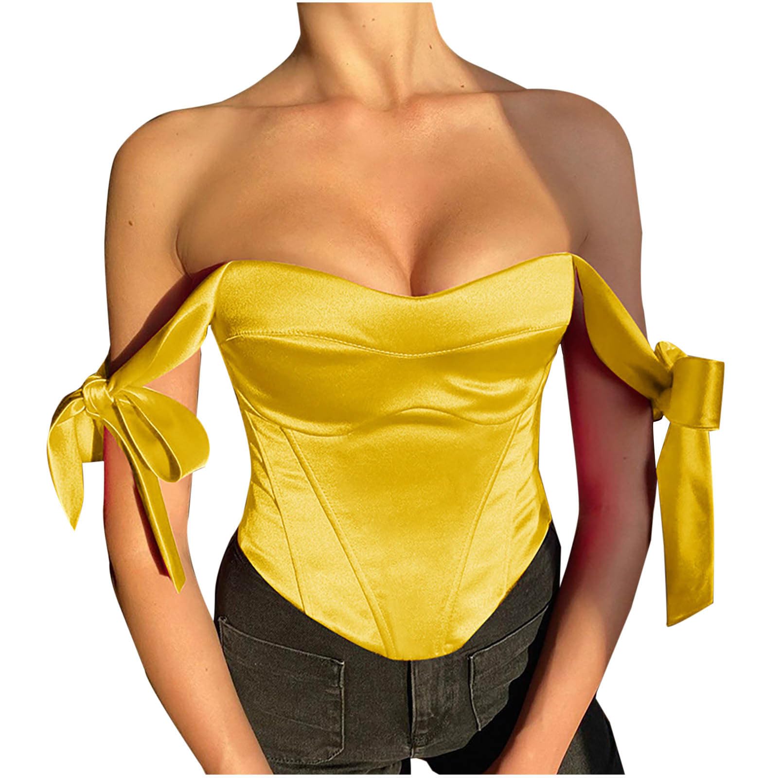 HGps8w Womens Off The Shoulder Satin Corset Tops Vintage Laceup Back Gothic Sexy Overbust Bustier Push Up Lingerie