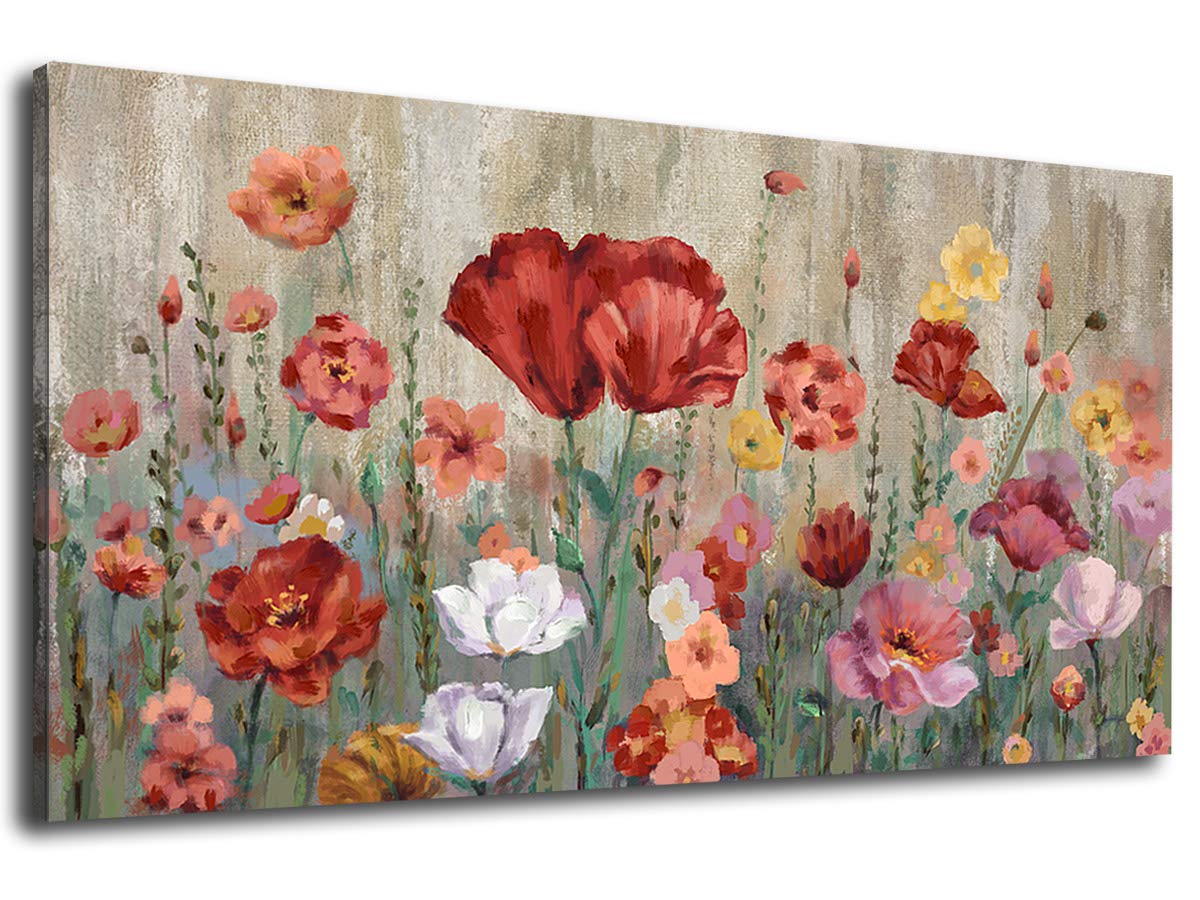 Flowers Wall Art Red White Flower Canvas Pictures Modern Botanic Canvas Wall Art Contemporary Artwork for Bedroom Living Room Bathroom Kitchen Office Home Wall Decor Framed Ready to Hang 20" x 40"