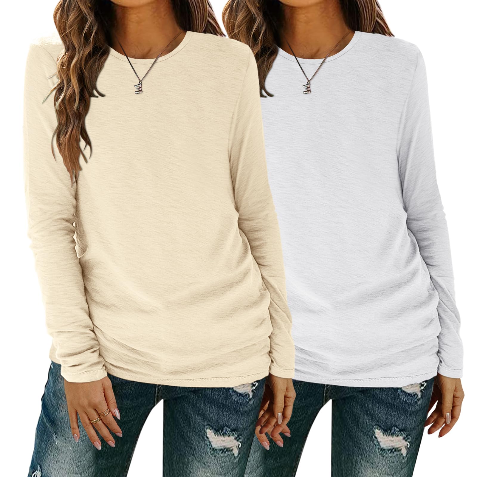 YGOODM Langarmshirt Damen, Casual Tshirt Fashion Oberteile Rundhalsausschnitt Tops Basic Lässige Longshirt