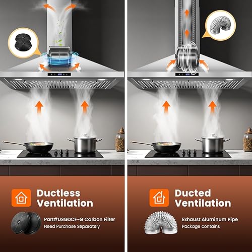 Miniatura 7 de Tieasy Campana extractora de 36 pulgadas para montaje en pared, 700 CFM con conducto convertible sin conductosconductos, control táctil, filtros