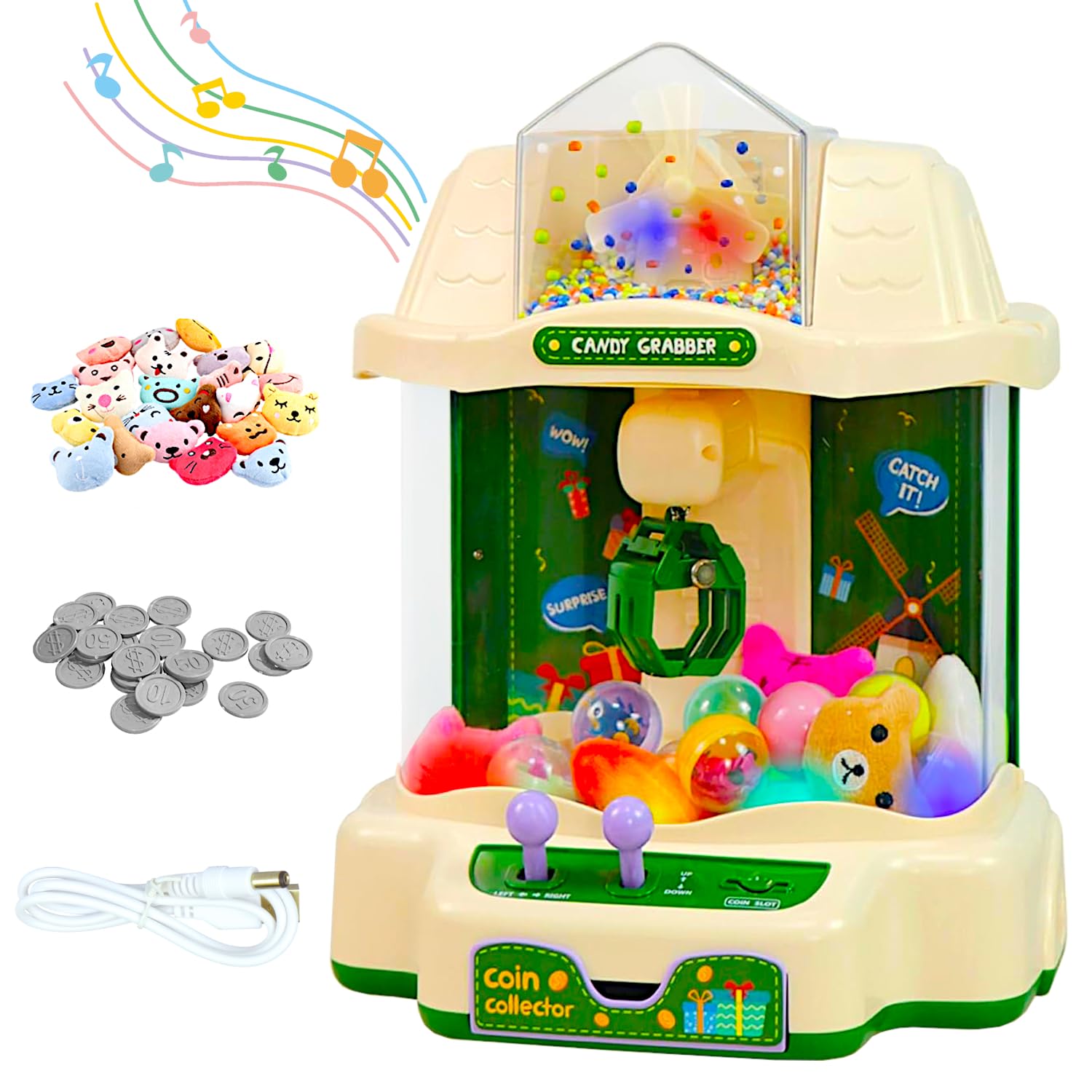 POCO DIVO Windmill Claw Machine Cartoon Grabber, Plushies Gift Candy Prize Figure Capsule Dispenser, Arcade Music Color Lights Coin Slot Play, Dual