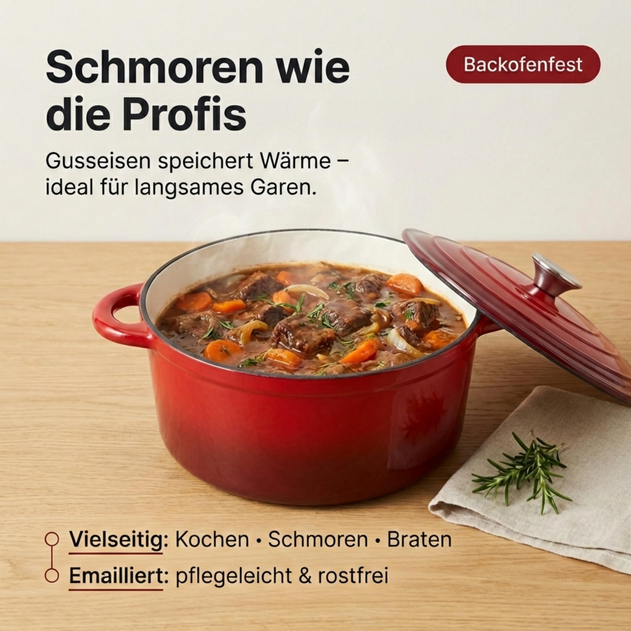 Homira Gusseisen Bräter Ø 26 cm mit Deckel – Emaille Schmortopf aus massivem Gusseisen, Dutch Oven für Induktion & alle Herdarten, backofenfest, ideal für Schmoren, Braten & Eintöpfe