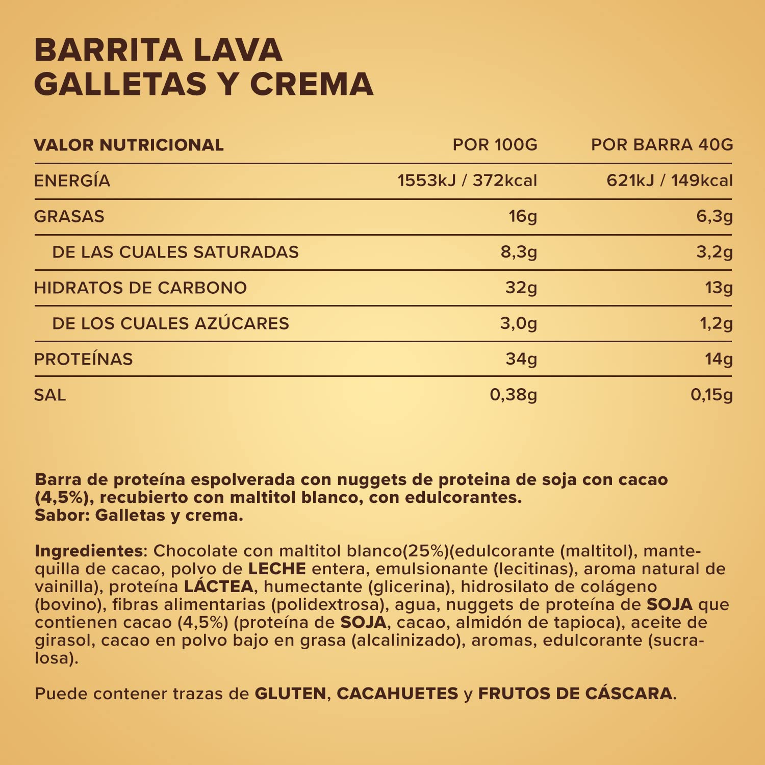 IronMaxx Lava Protein Bar - Cookies and Cream - 18x40g | Barrita alta en proteínas con núcleo cremoso y cobertura de cacahuete y caramelo | Baja en azúcar y sin aceite de palma