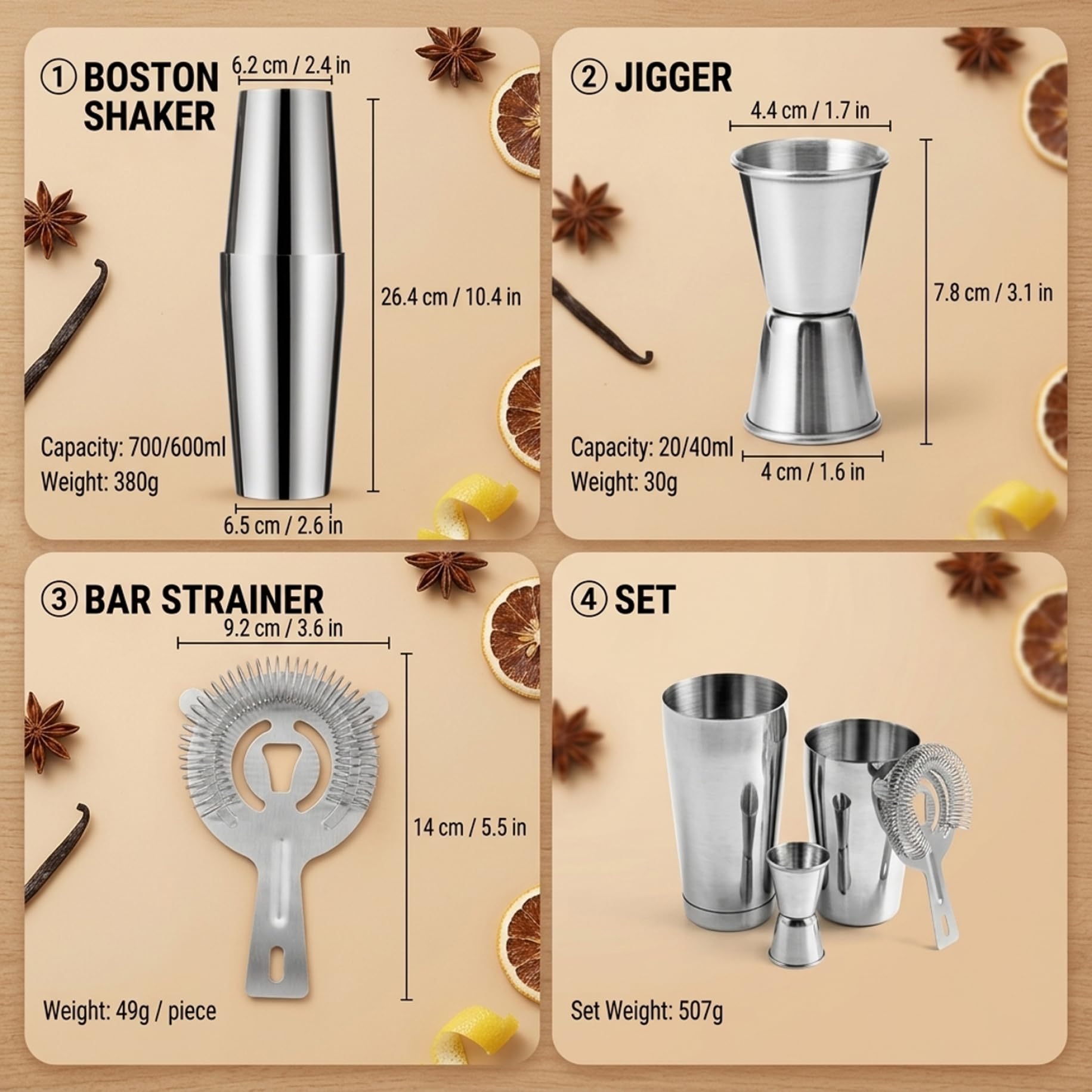 Ensemble de shaker de bar 10 pièces, ensemble shaker à cocktail en acier inoxydable 750 ml avec support en bois professionnel pour les bars à domicile barman Martini