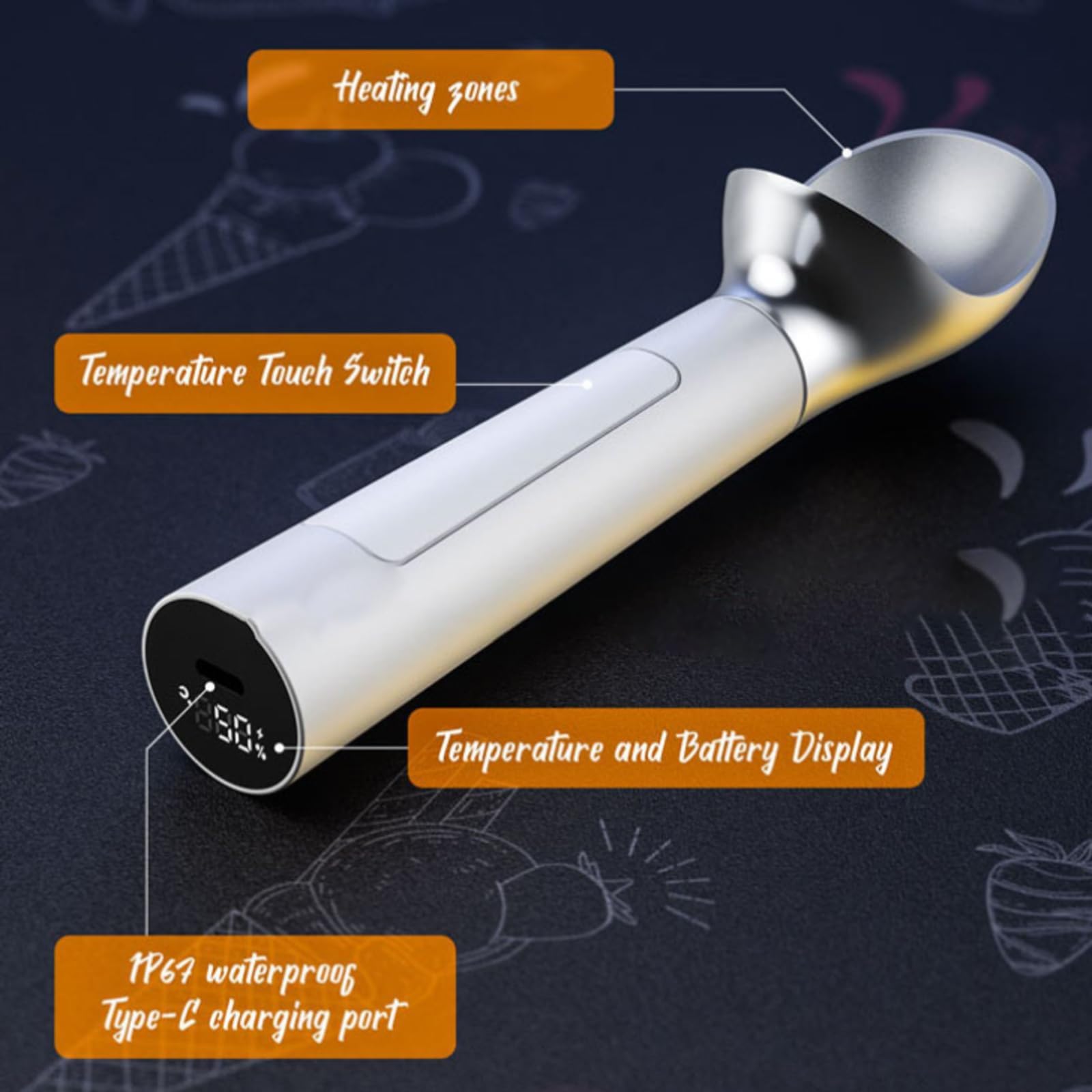 Cuchara de helado calentada, cuchara eléctrica USB con calefacción automática, pantalla LED, temperatura ajustable, mango ergonómico para uso doméstico y profesional