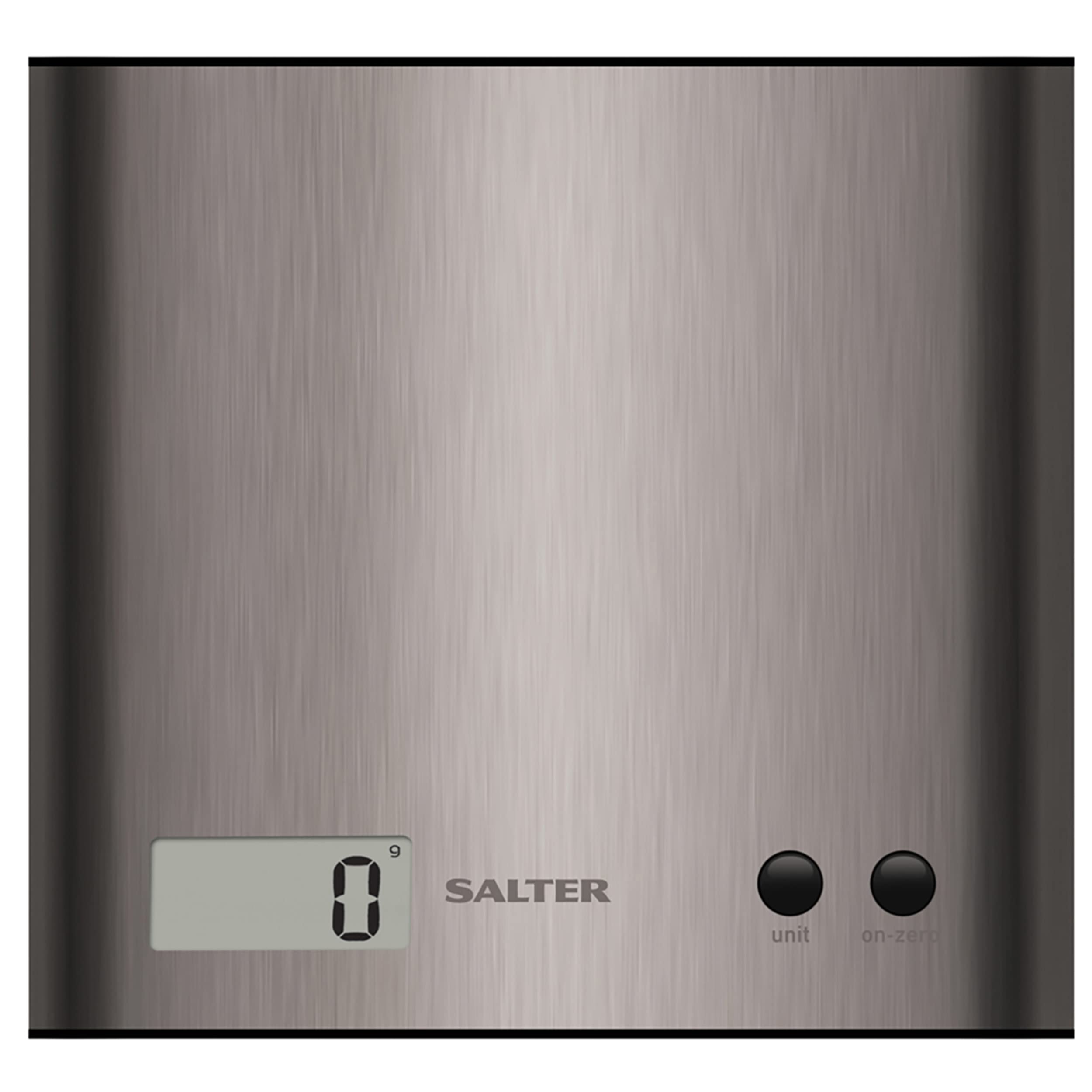 Salter 1087 SSDR Arc Kitchen Scale – Digital Food Weighing Scales, Precise Cooking/Baking, Slim Platform for Compact Storage, Add & Weigh/Tare Function, 3kg Capacity, Battery Included, Stainless Steel