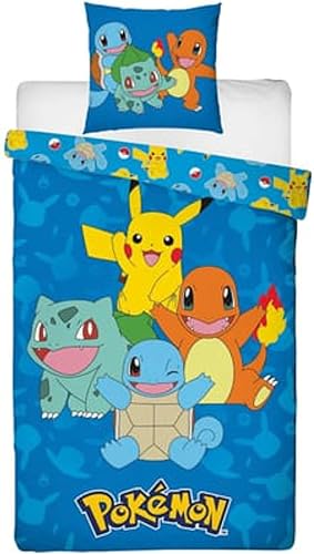 Pokémon, Parure de Lit Enfant Gamer pour Lit 1 Place, Motif Pikachu et Starters,