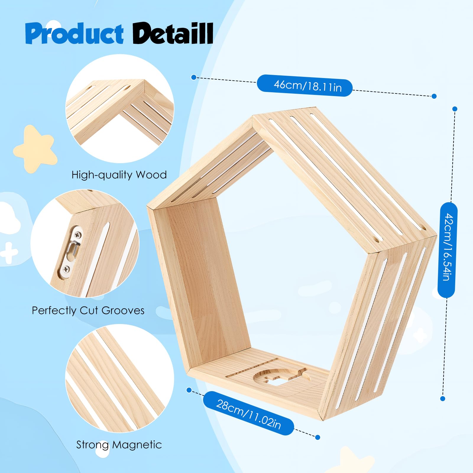 Luqixcey Hexagon Tonie Regal für Toniebox – Magnetisches Toniebox Regal Wabenform für 68 Figuren, 46x42cm Holz Wandregal Kinderzimmer, Schweberegal zum Aufhängen oder Hinstellen