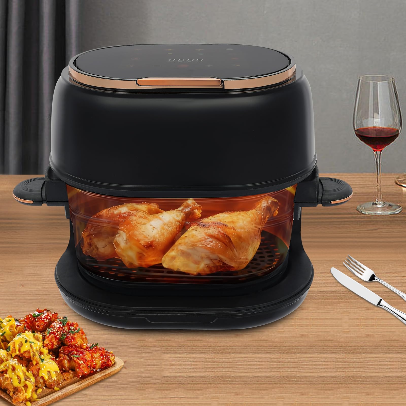 Air Fryer frytkownica na gorące powietrze, 4 l, kosz do smażenia ze szkła, cyfrowy ekran dotykowy LED, AirFryer, 1-120 min, z widocznym koszem do smażenia do domu, restauracji, szkoły, stołówek