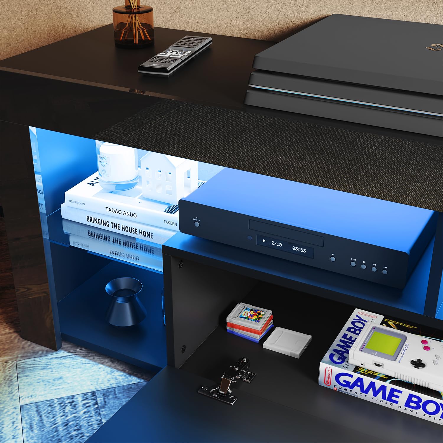 LED TV Lowboard Schwarz, TV Schrank 180cm mit 16 Led Farben Beleuchtung TV Board mit Glasböden Hochglanz 180 x 35 x 50,5 cm