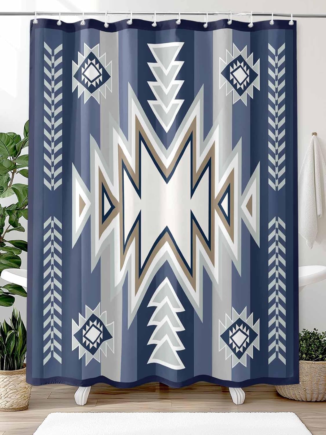 SEVENBABU Boho Bathroom Shower Curtains with 12 Hooks Polyester Waterproof Shower Curtain for Stalls and Bathtubs Vintage Farmhouse Aztec Stripe Blue Decorative Bathroom Privacy Curtain 72x84 Inches