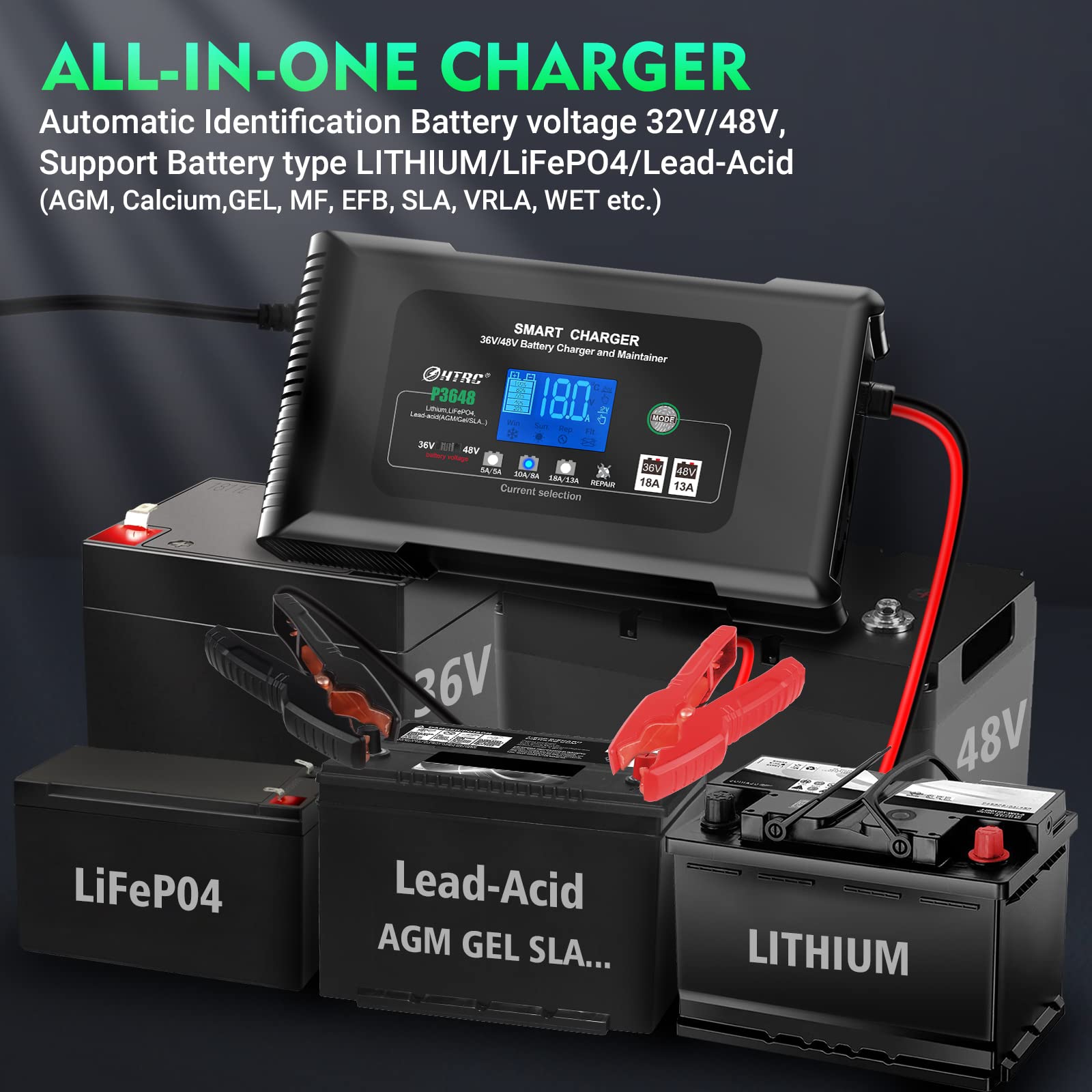 SolaMr Ładowarka samochodowa 36V 18A/48V 13A z 9 etapami ładowania Trickle Charger Odsiarczacz do ciężarówki, motocykla, jonowego morskiego i akumulatorów ołowiowych - P3648