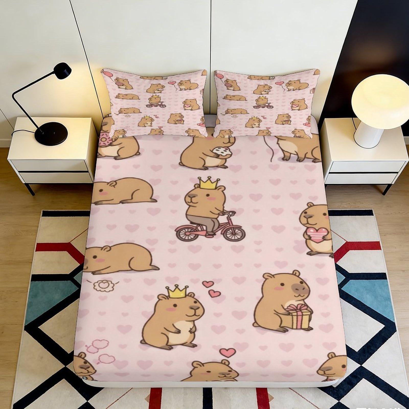 3D Printed Cute Capybara Fitted Sheet Microfiber Pink Cartoon Mattress Cover for Bedroom Dorm Room Mattress Protection Decor 120x200x25cm