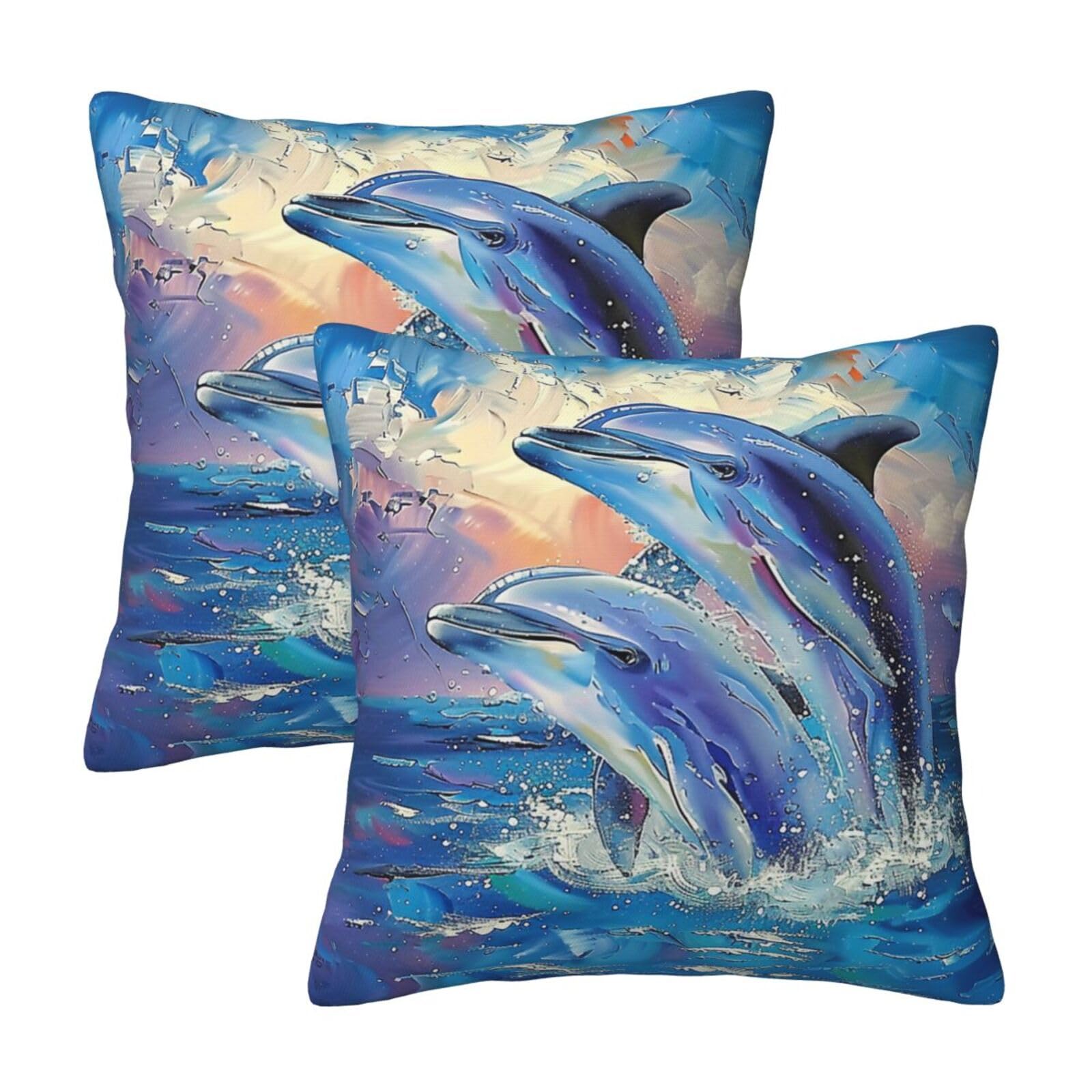 Dolphin 1 Throw Pillow Cases 2 Pack Square Pillowcases Soft Pillow Protectors for Couch Livingroom Sofa Bed Office Car,50x50 CM