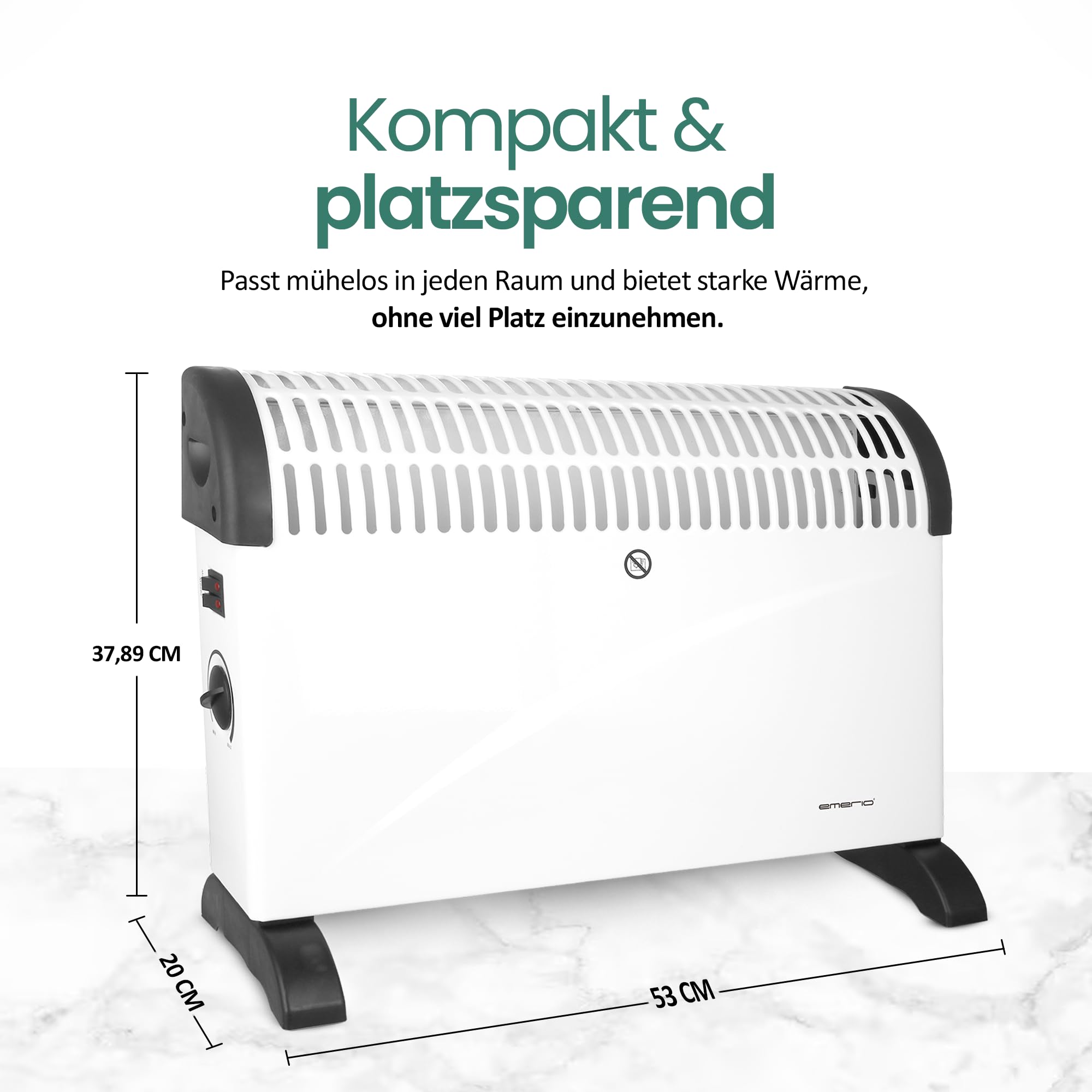 EMERIO Convector CH-121858.2 Calefacción eléctrica, hasta 20 m², 2000 W, con termostato ajustable, calefactor, 3 ajustes de calor (750 W/1250 W/2000 W), protección contra sobrecalentamiento, estable