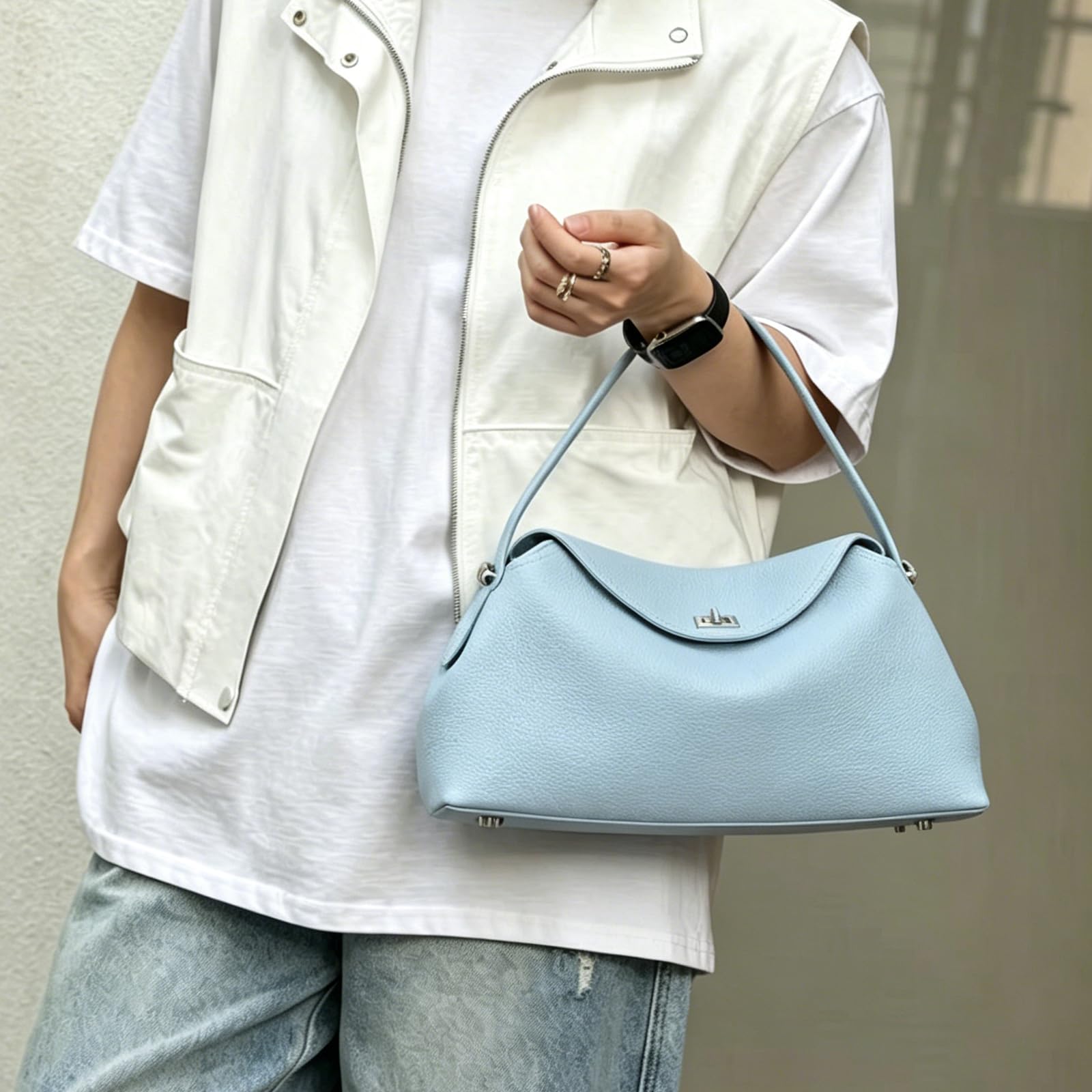 Borsa a mano da donna in pelle di vacchetta | Borsa sottobraccio di grande capacità con manico superiore e chiusura in metallo per viaggi, shopping, lavoro, appuntamenti