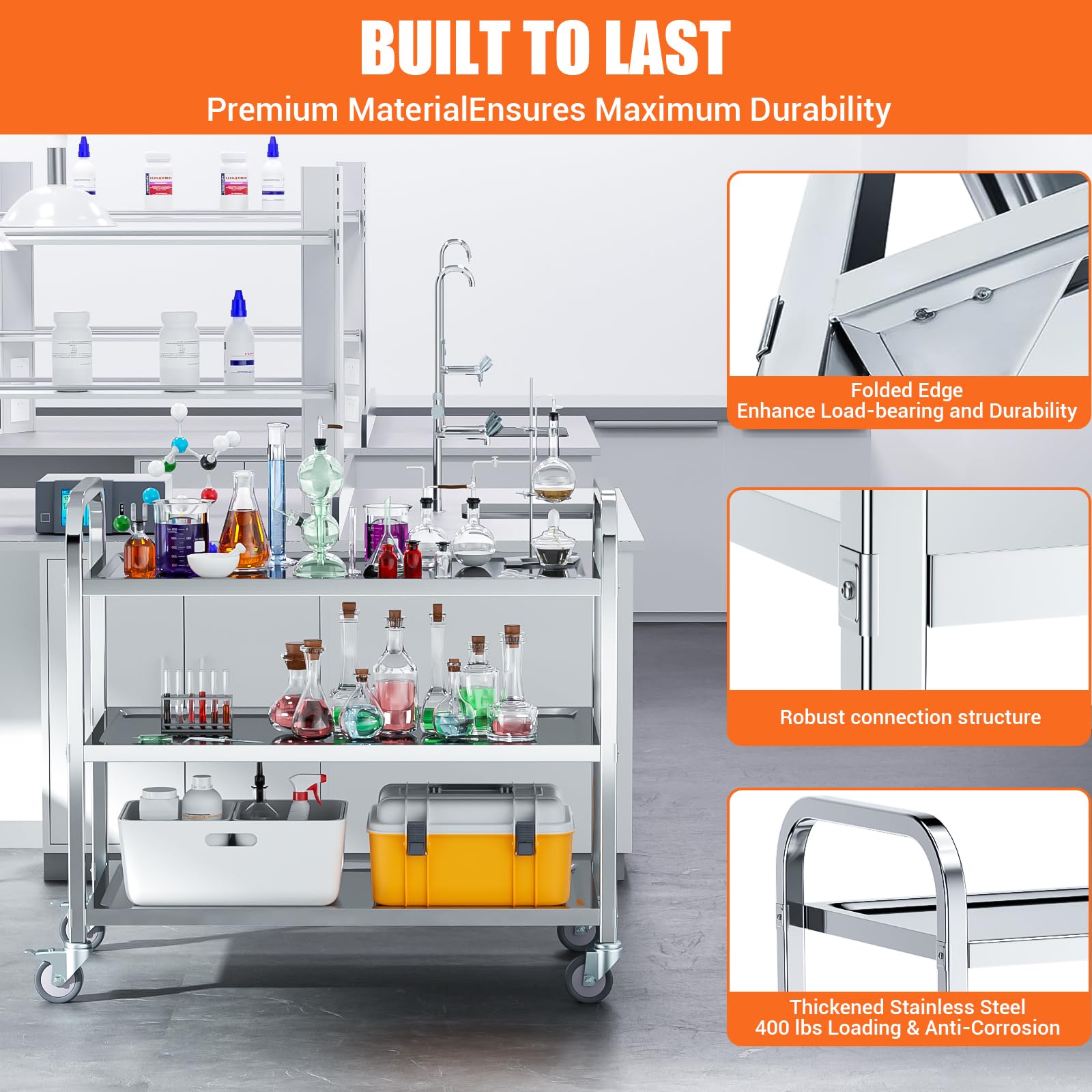 Carrito de Servicio de Acero Inoxidable 304 de 3 estantes, Capacidad 181kg, Ruedas 360° con Freno, para Cocina, Taller, Laboratorio y Restaurante