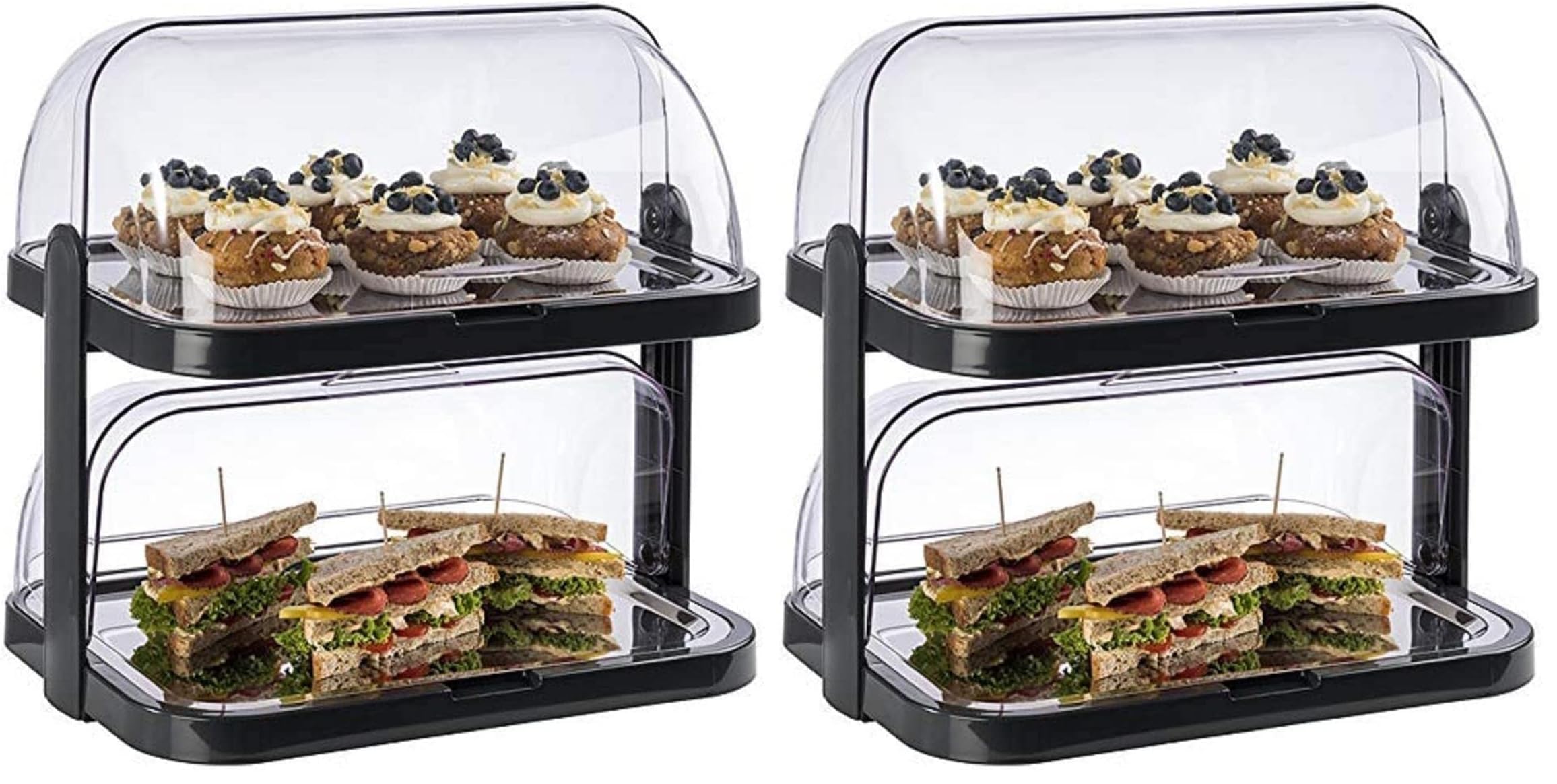 APS 9204 Buffetvitrine „Doppeldecker“ – 2 beidseitig aufklappbare, transparente Rolltophauben, 2 Edelstahl-Tabletts, 4 Kühl-Akkus, platzsparend lagerbar – Made in Germany, Schwarz (Packung mit 2)