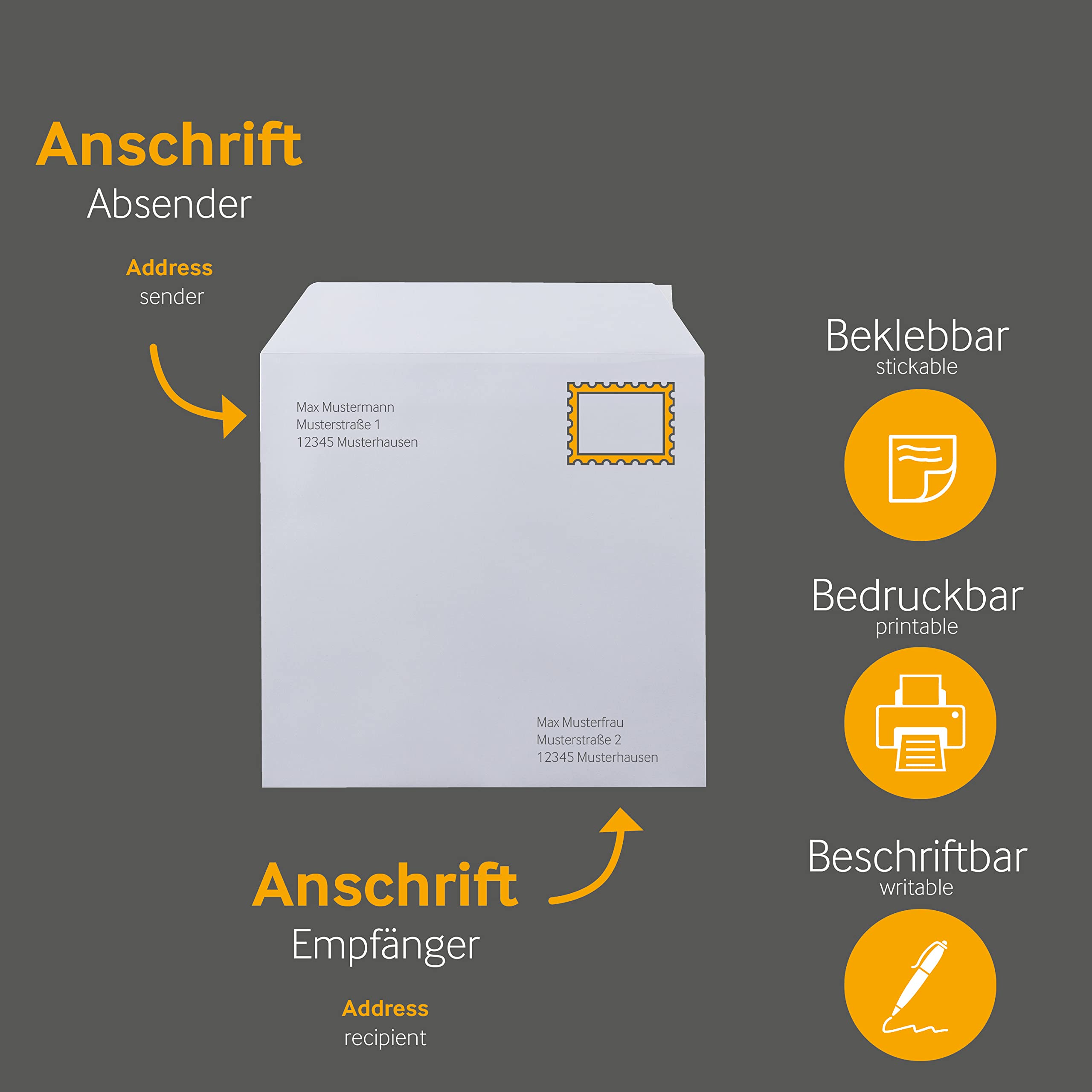 100 Stück, Briefumschläge, 240 x 240 mm, Haftklebung mit Abziehstreifen, Gerade Klappe, 120 g/qm Offset, Ohne Fenster, Weiß (Hochweiß), Blanke Briefhüllen