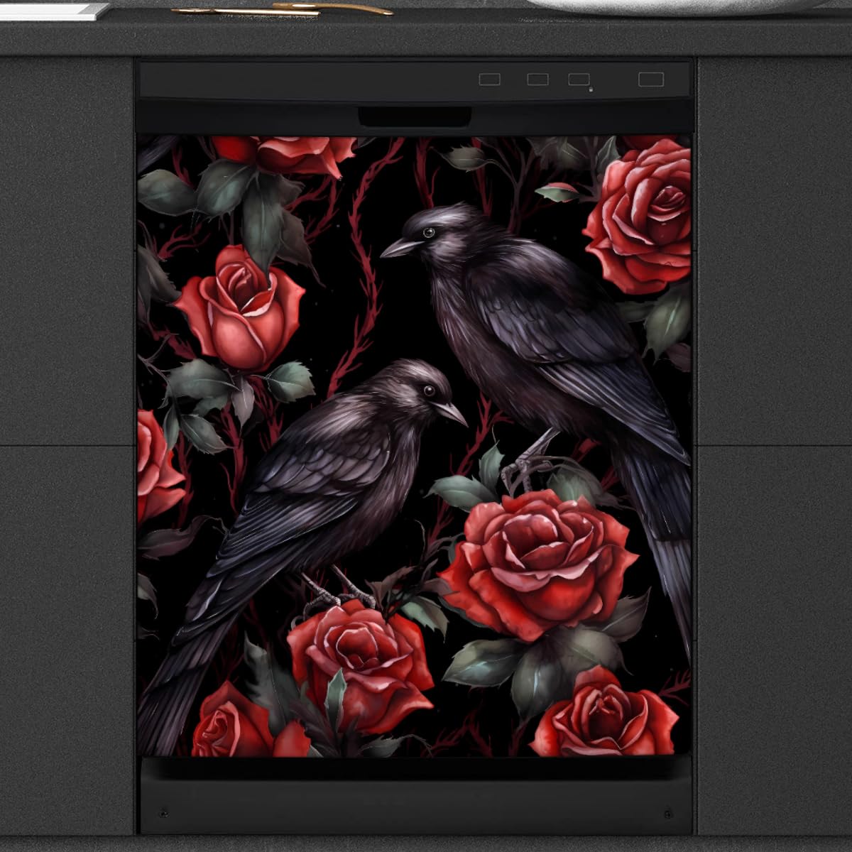 Dishwasher Magnet Cover Halloween Rose Crows Reusable Dishwasher Magnetic Cover Sticker Decorative Dish Washer Door Cover Panel for Home Kitcen Appliance