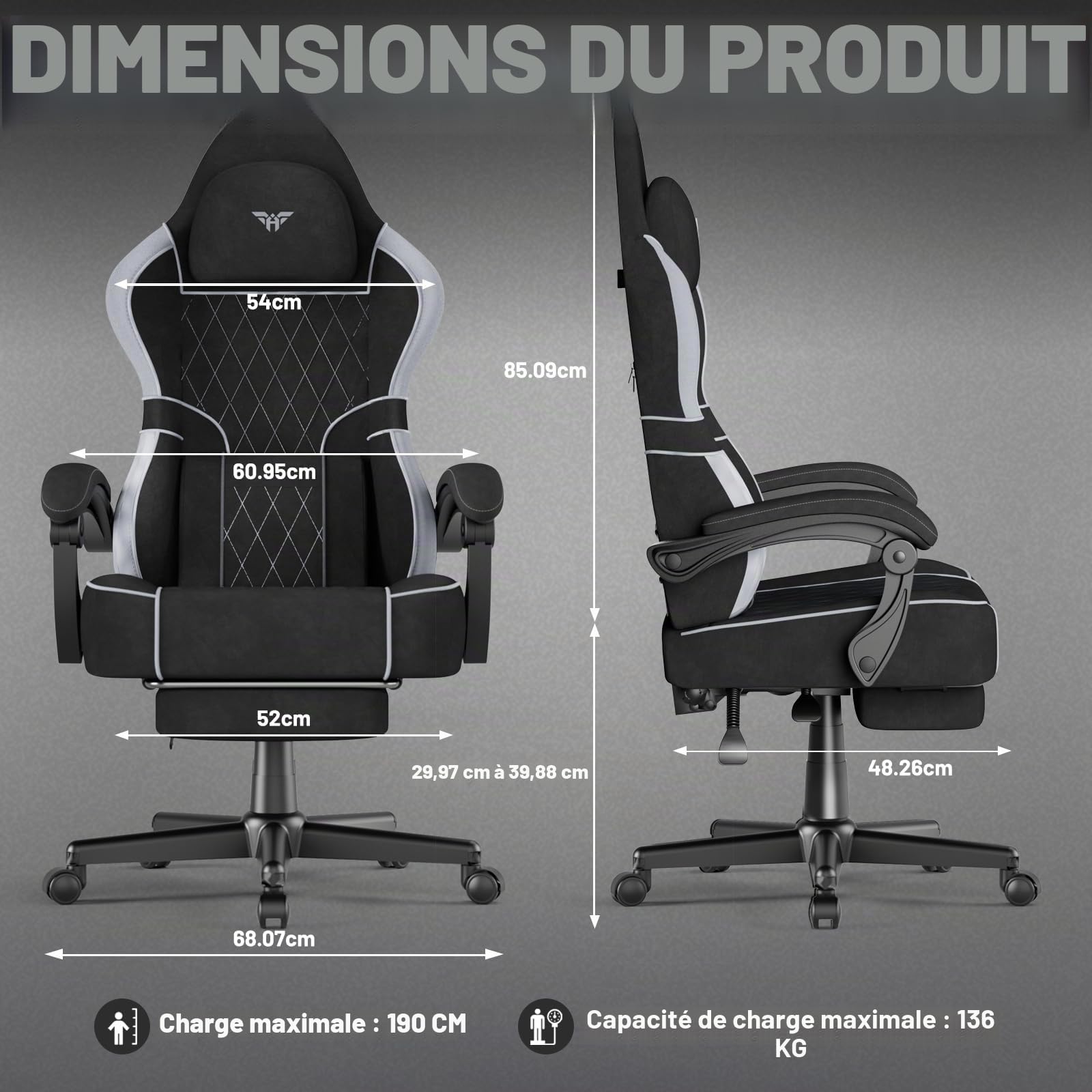 Soontrans Chaise Gaming Ergonomique avec Coussin Lombaire Massage, Chaise Gamer，Fauteuil Gaming avec Repose Pieds télescopique&Appui tête&Dossier Inclinable à 160°, Tissu Velours, 136 kg（Noir&Gris）