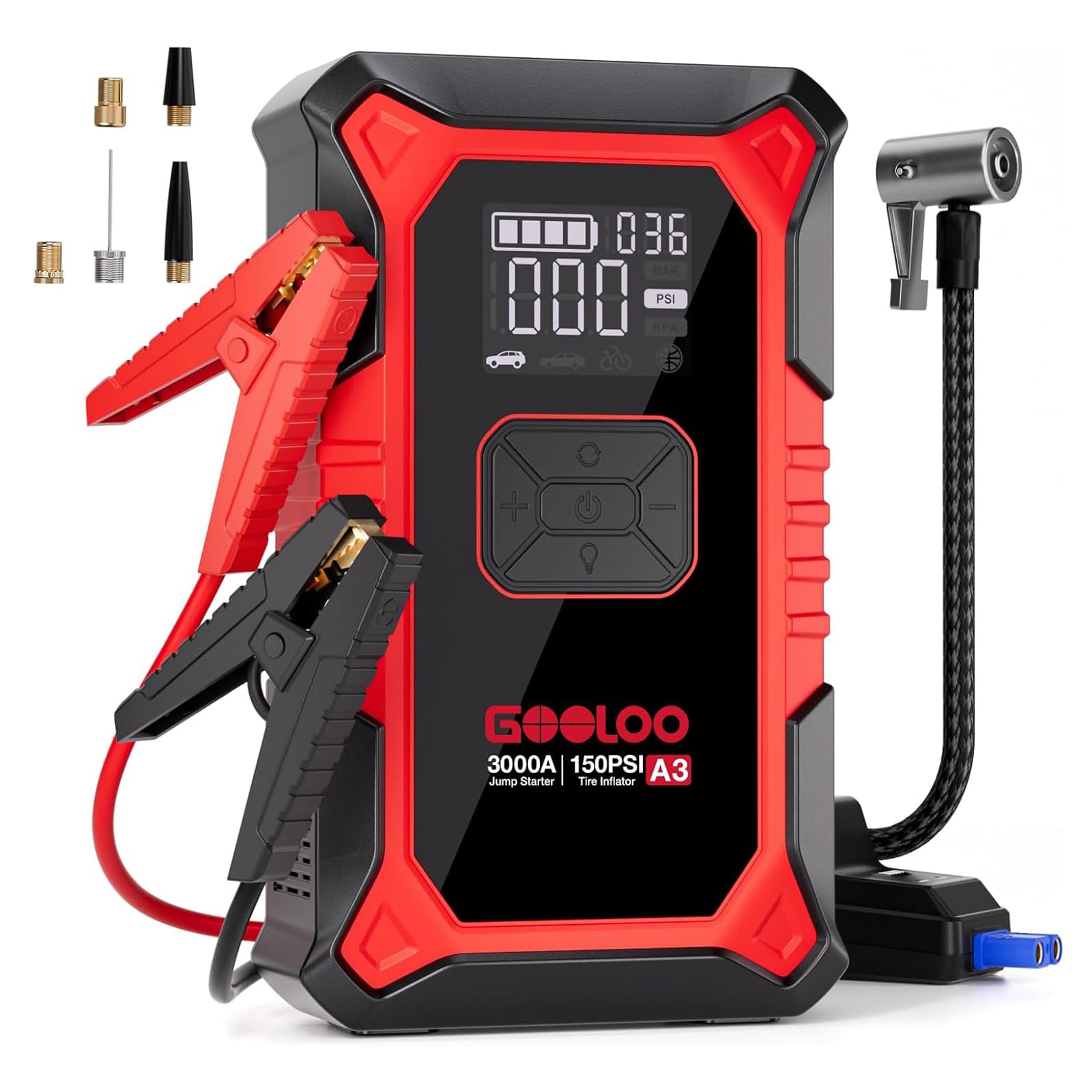 GOOLOO A3 Starthilfe Powerbank mit Kompressor, 3000A 150PSI Spitzenstrom Starter Powerbank für 12V Fahrzeuge(Bis zu 9.0L Benzin/6.5L Diesel), Tragbare Auto Starthilfe mit Digitale und LED