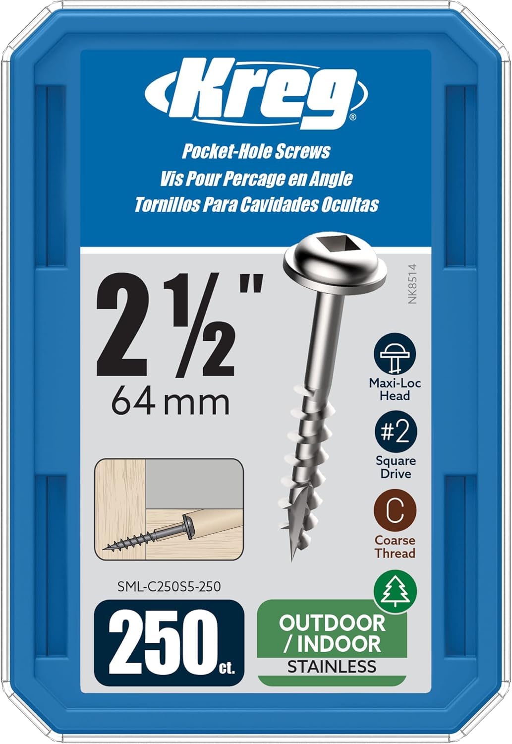 Kreg Stainless Steel Pocket Hole Screws - SML-C250S5-250 - 2-1/2-Inch - Coarse Thread - Maxi-Loc Head - Outdoor - 250 Count