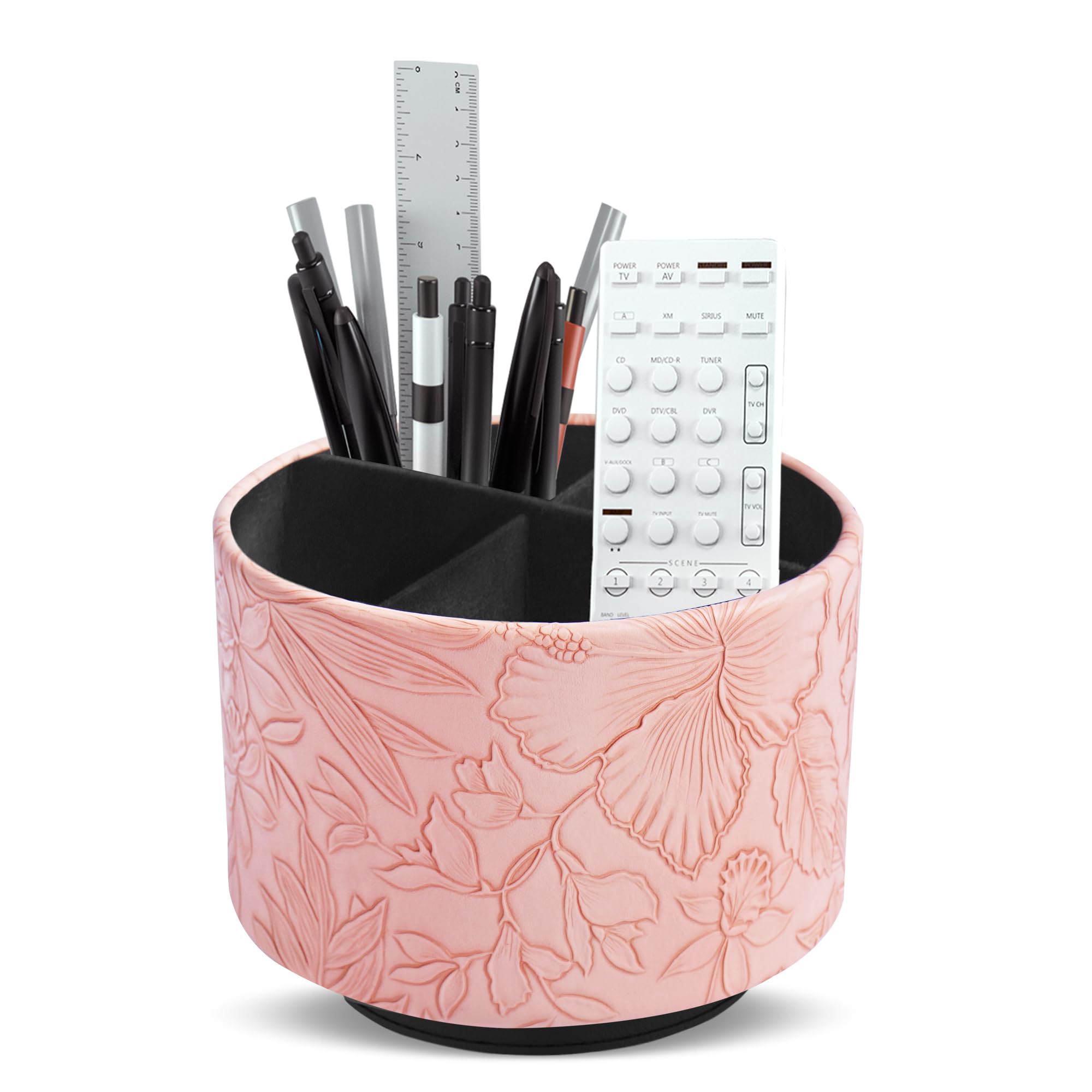 Czzmy 1-Carved Pink Round Leather Art Supply Organizer,Remote Control Holder,360 Degree Spinning,Multi-Functional Pencil Holder,4 Compartments Desktop Stationary Organizer(1-Carved Pink)